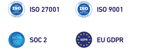 4st certifikatmärken. ISO 27001, ISO 9001, SOC 2 och EU GDPR.