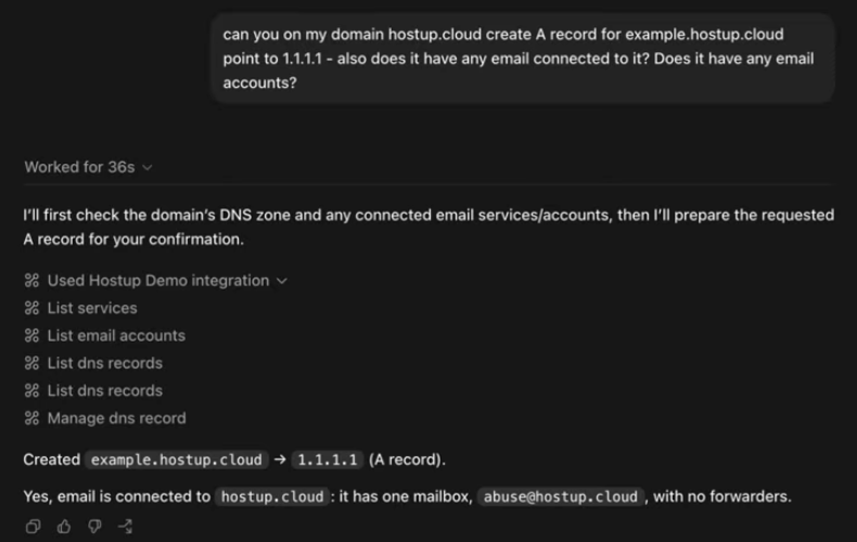 An AI app creates an A record for example.hostup.cloud through Hostup's MCP and answers that the domain has one mailbox