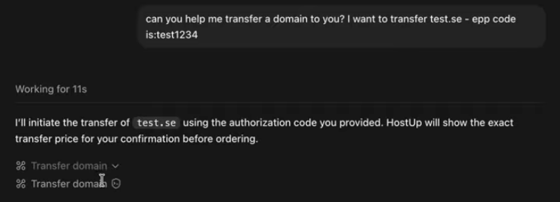An AI app starts the transfer of test.se with the transfer code. The price is shown for confirmation before anything is ordered