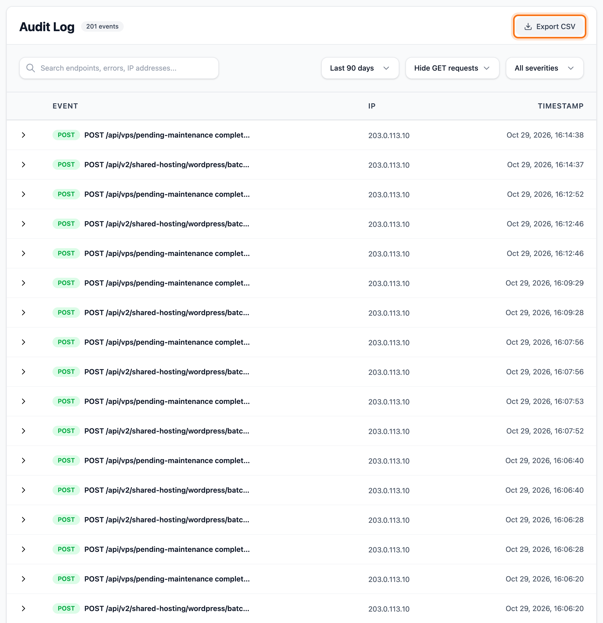 The audit log with the Export CSV button framed