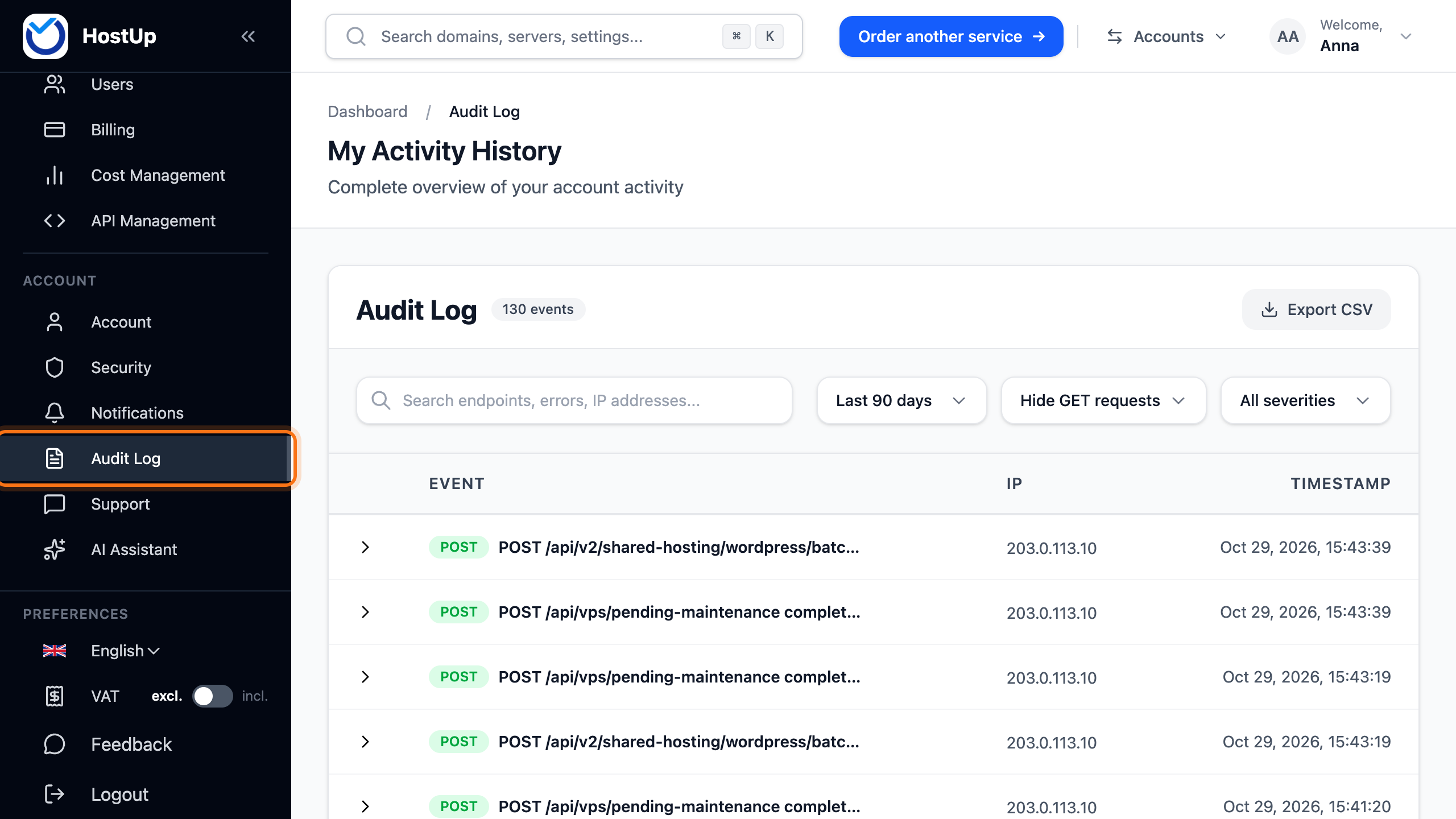 The unfolded menu with Audit Log framed
