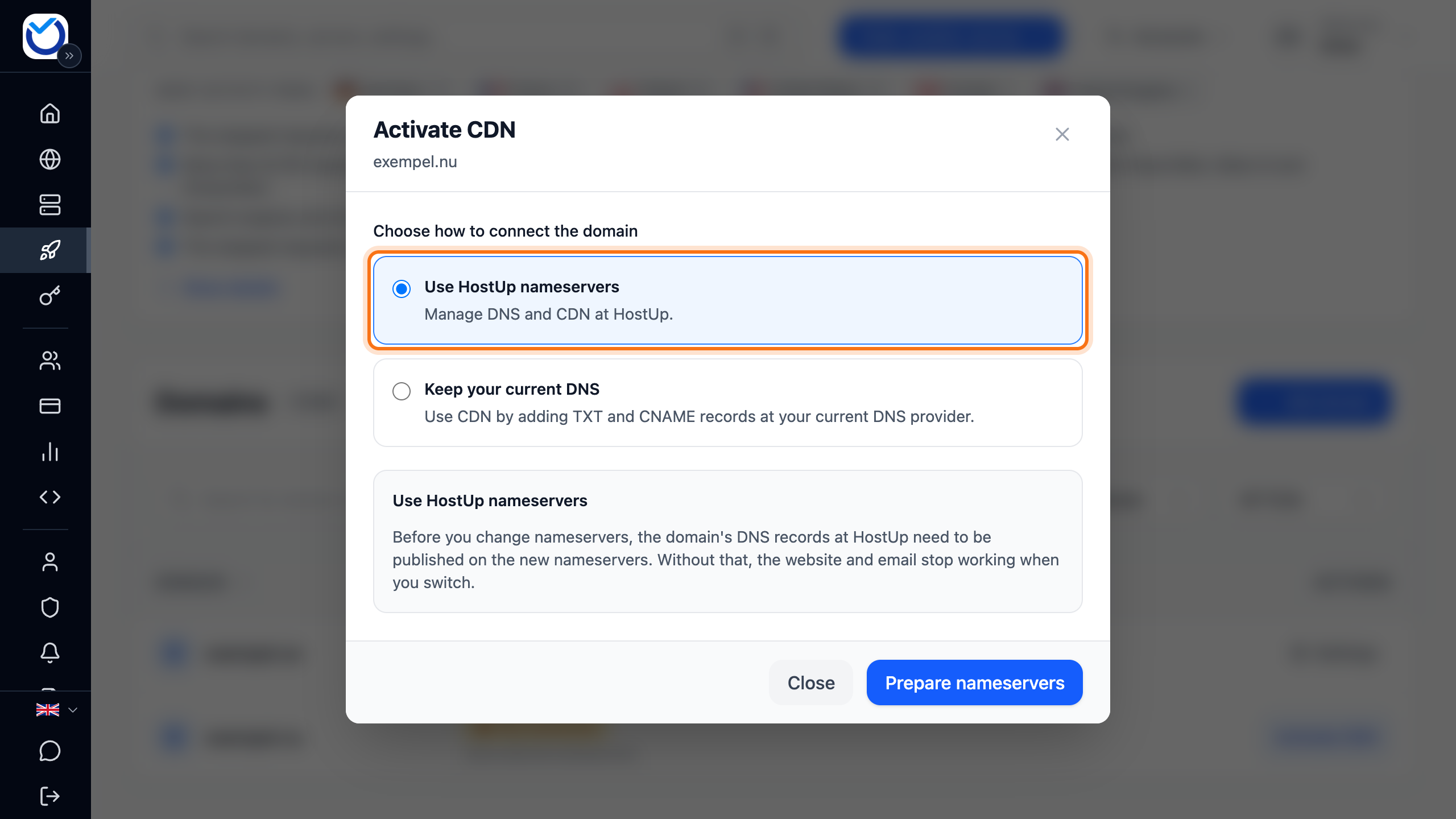 The Activate CDN dialog with the Use HostUp nameservers option framed
