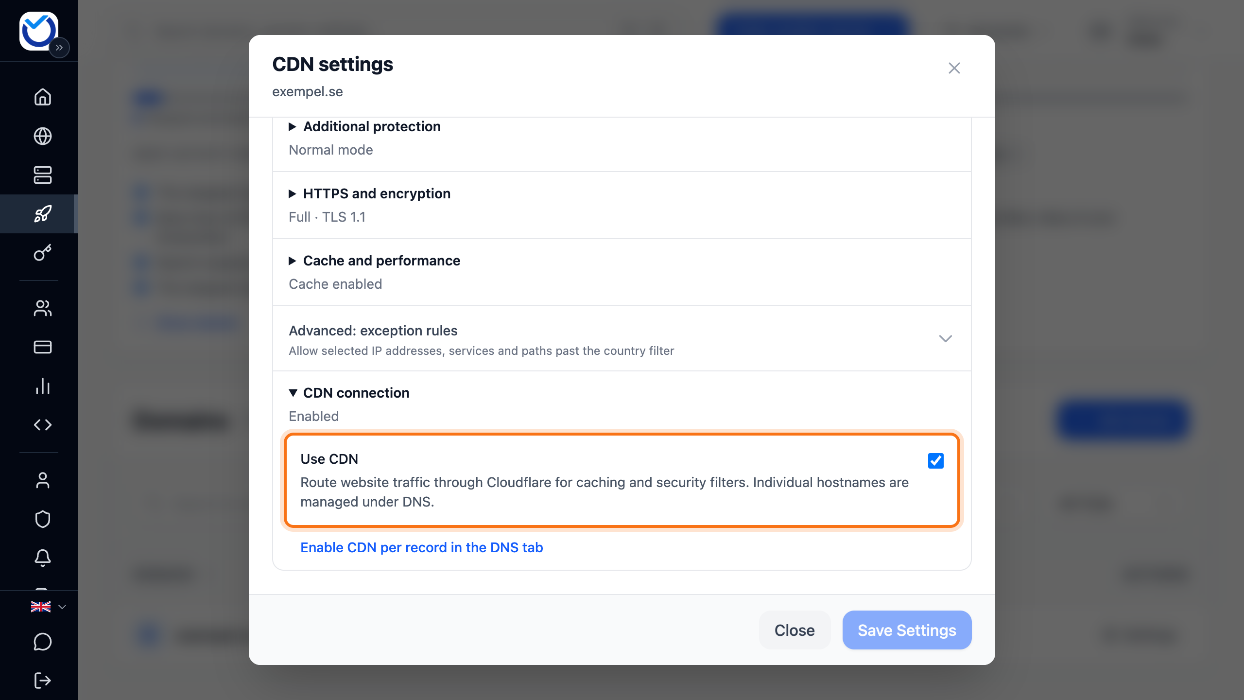 The CDN settings dialog with the Use CDN option framed