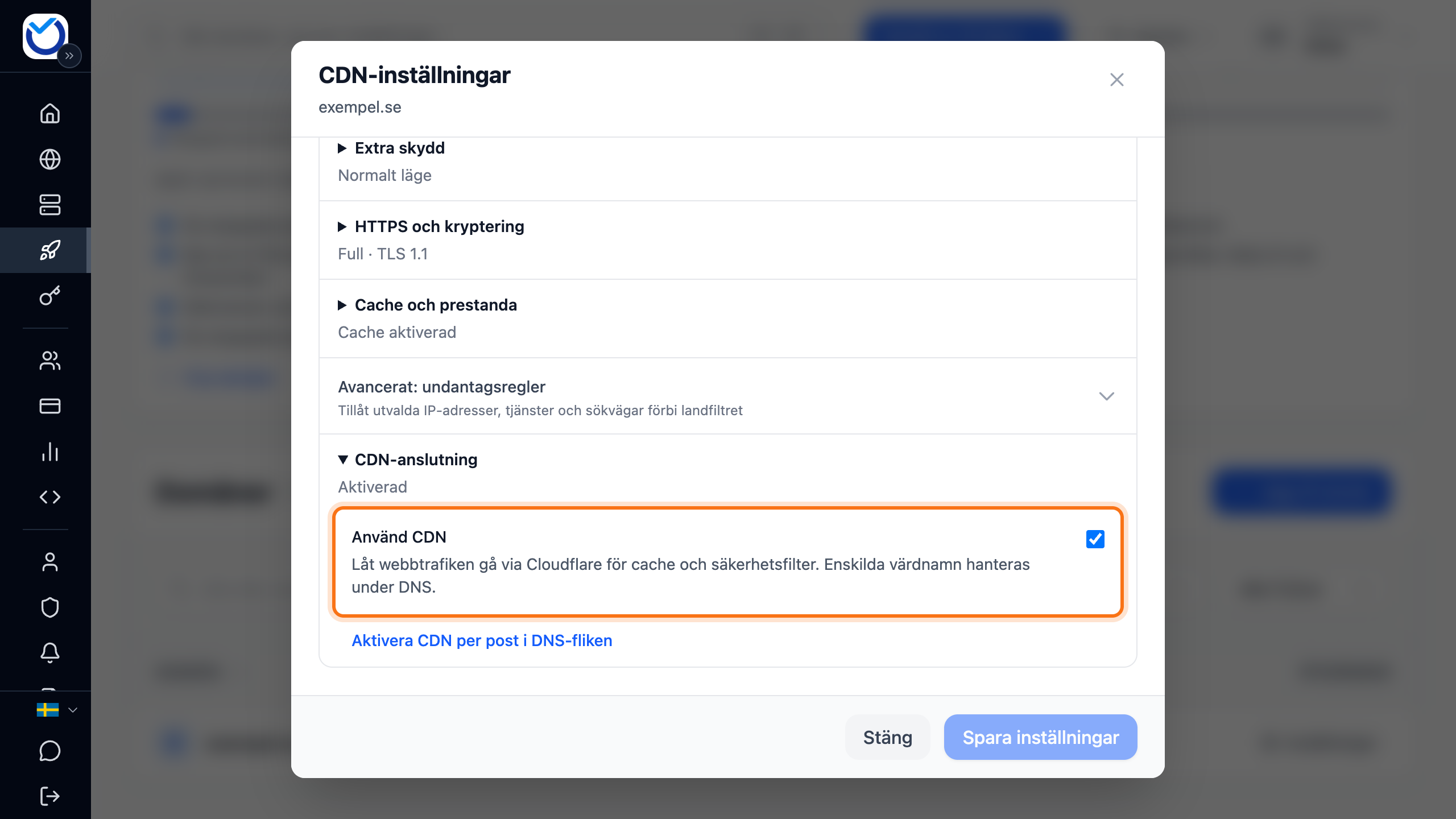 Rutan CDN-inställningar med valet Använd CDN markerat