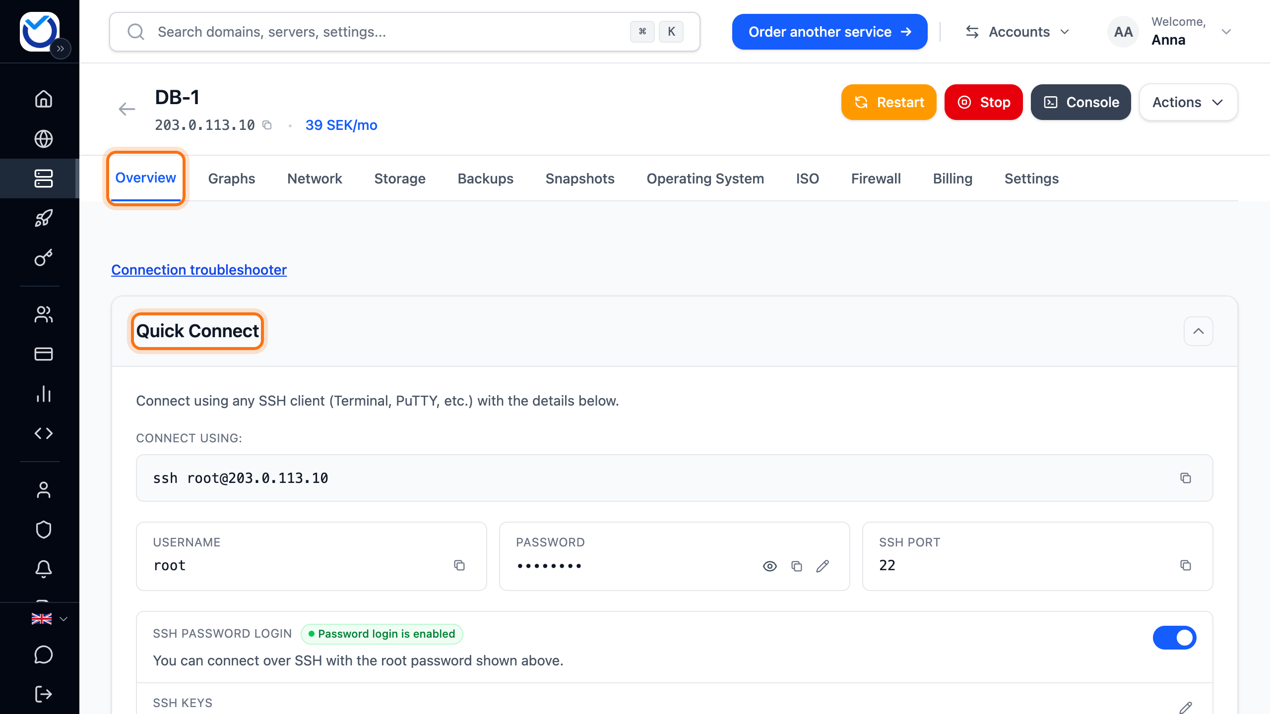 The server page with the Overview tab and the Quick Connect heading framed