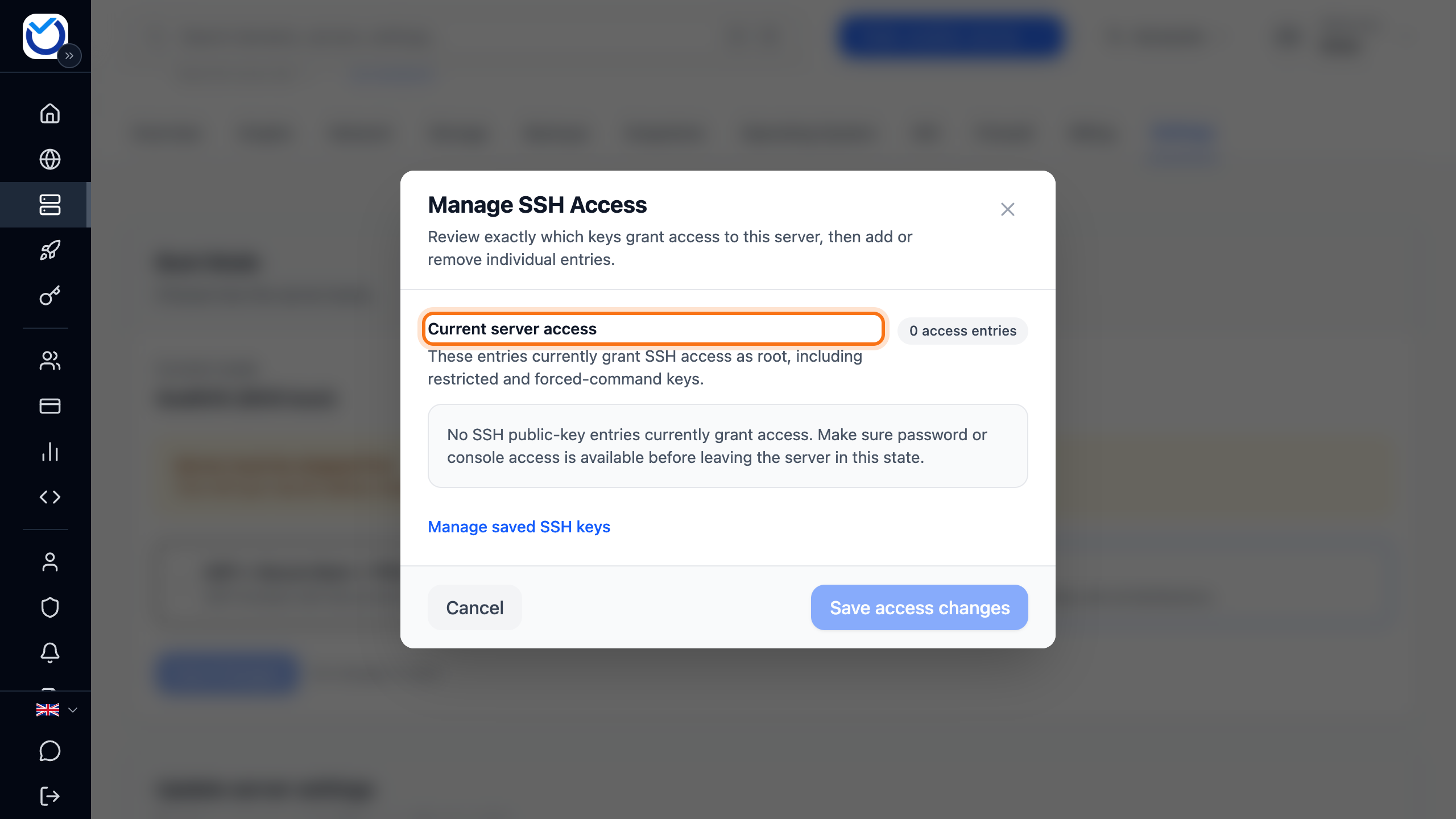 The Manage SSH Access window with the Current server access heading framed
