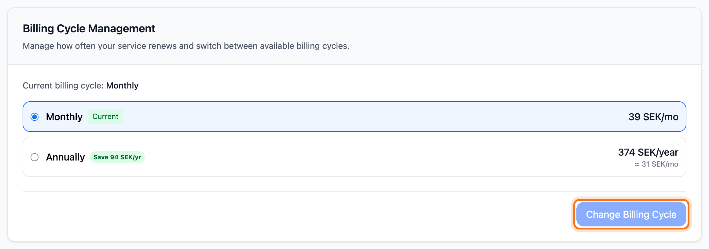 The Billing Cycle card on the Billing tab, with the Change Billing Cycle button framed