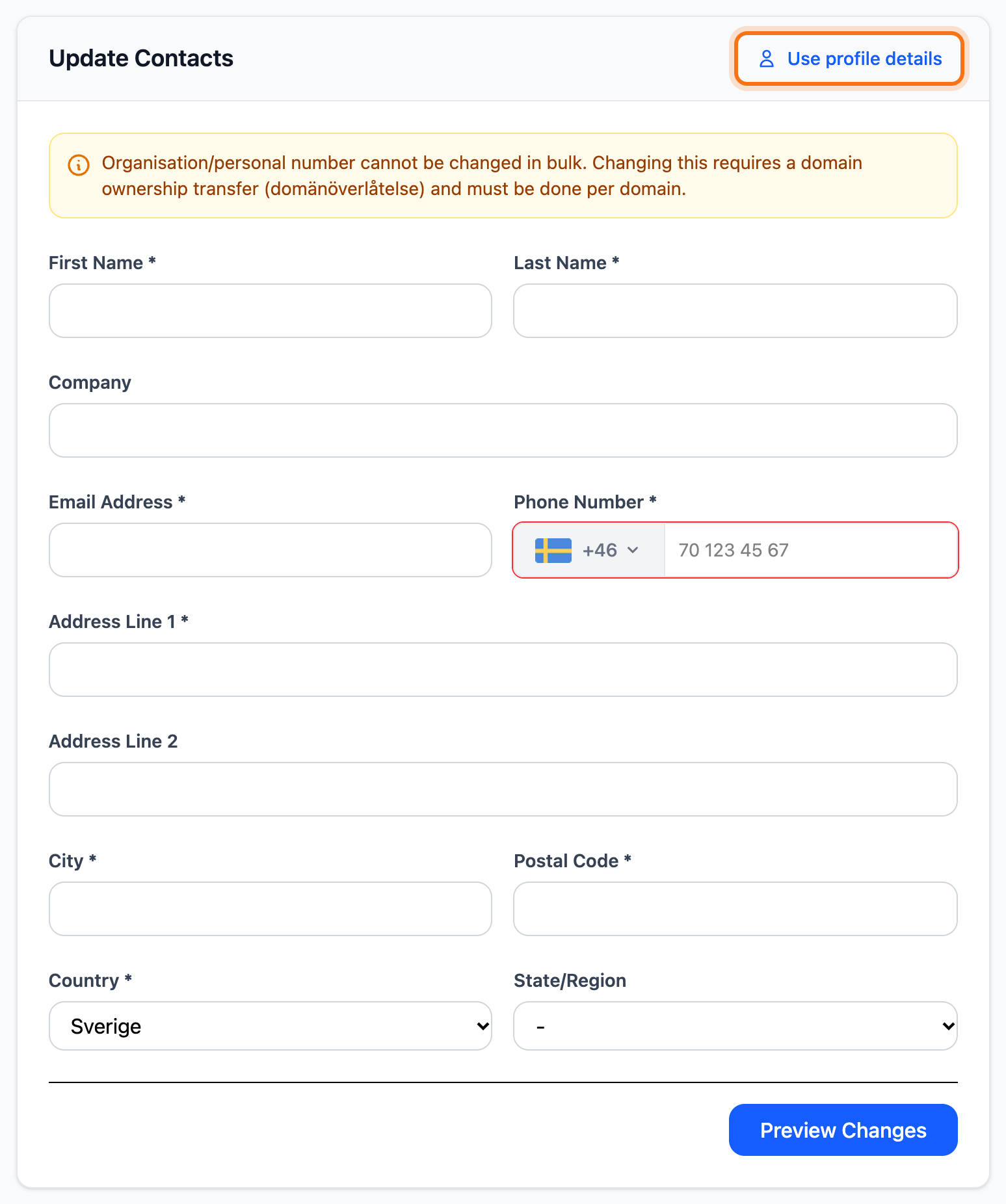 The form for new contact details with the Use profile details button framed