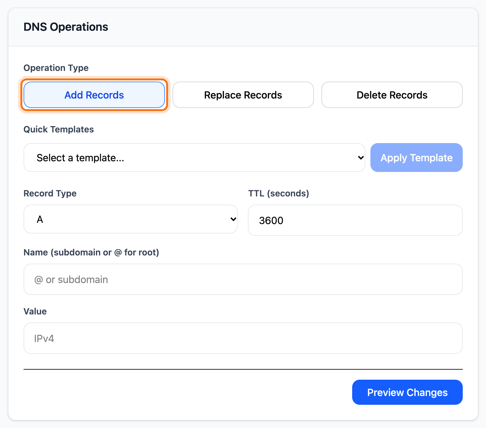 The DNS operations form with Add Records framed