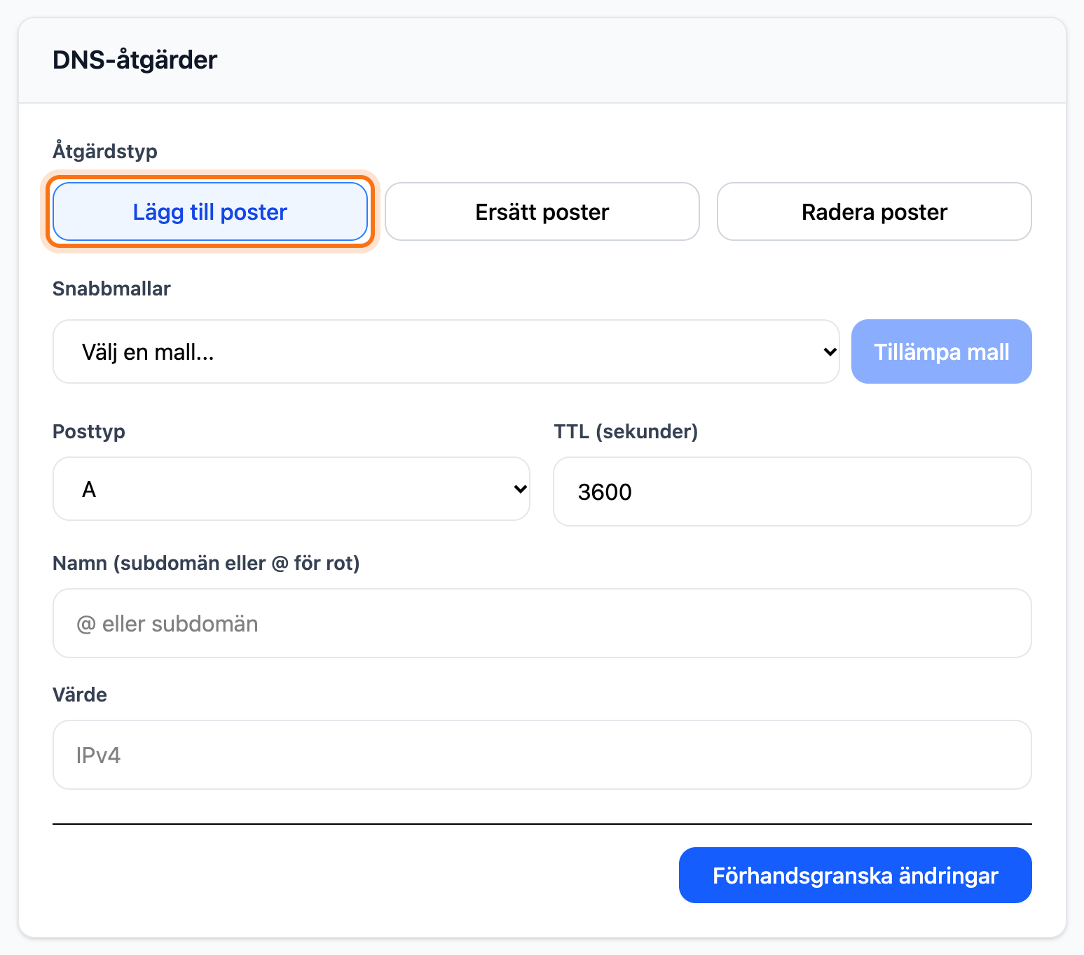 Formuläret för DNS-åtgärder med Lägg till poster markerat