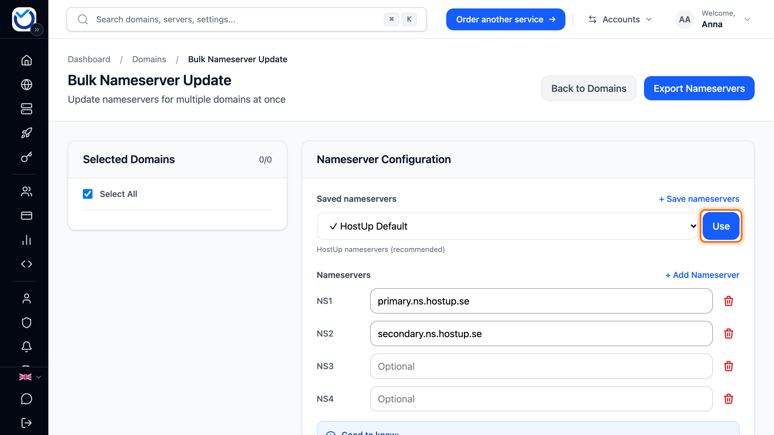 The page for changing nameservers on several domains, with the Use button next to Saved nameservers framed
