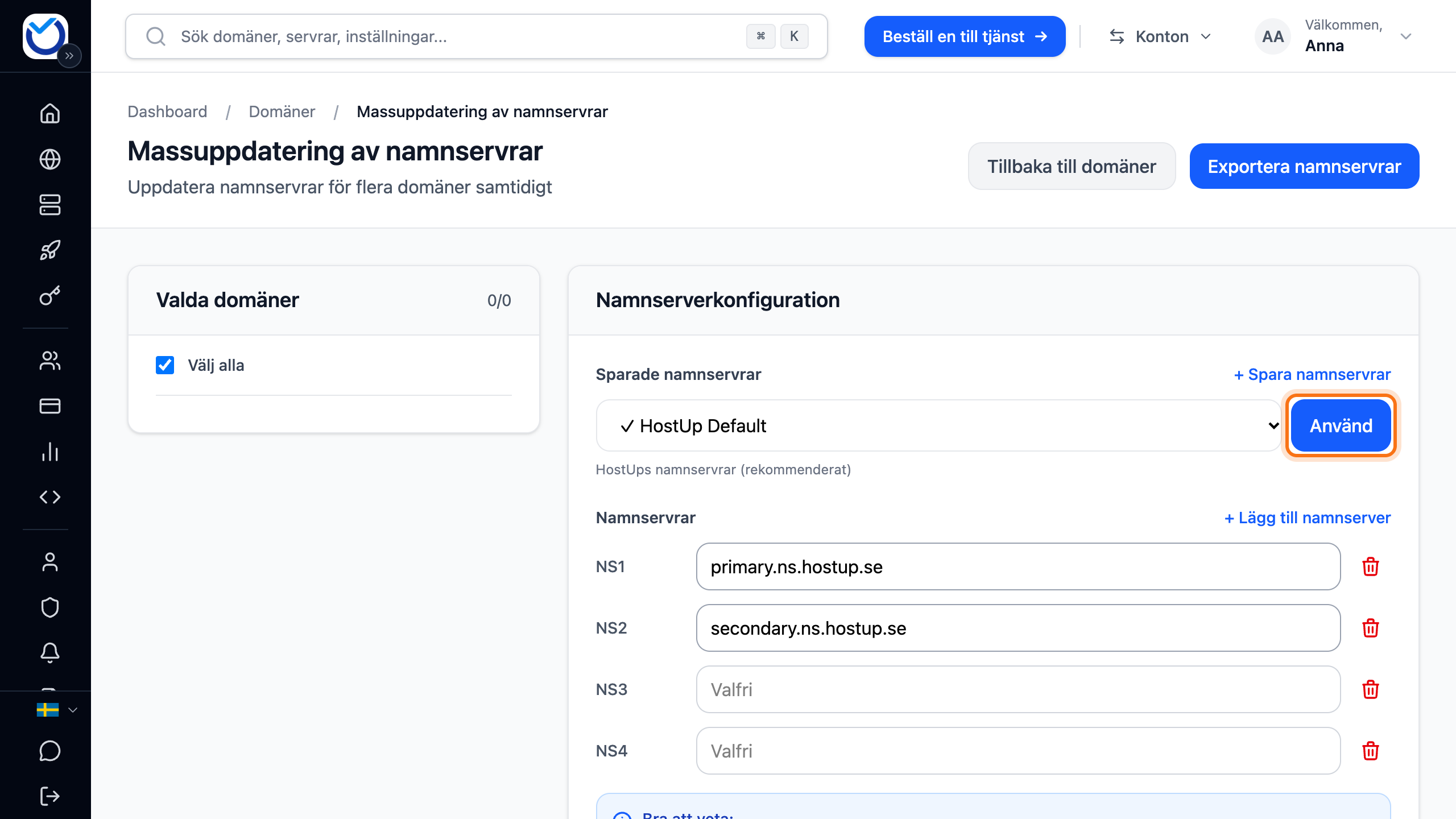 Sidan för att byta namnservrar på flera domäner, med knappen Använd vid Sparade namnservrar markerad