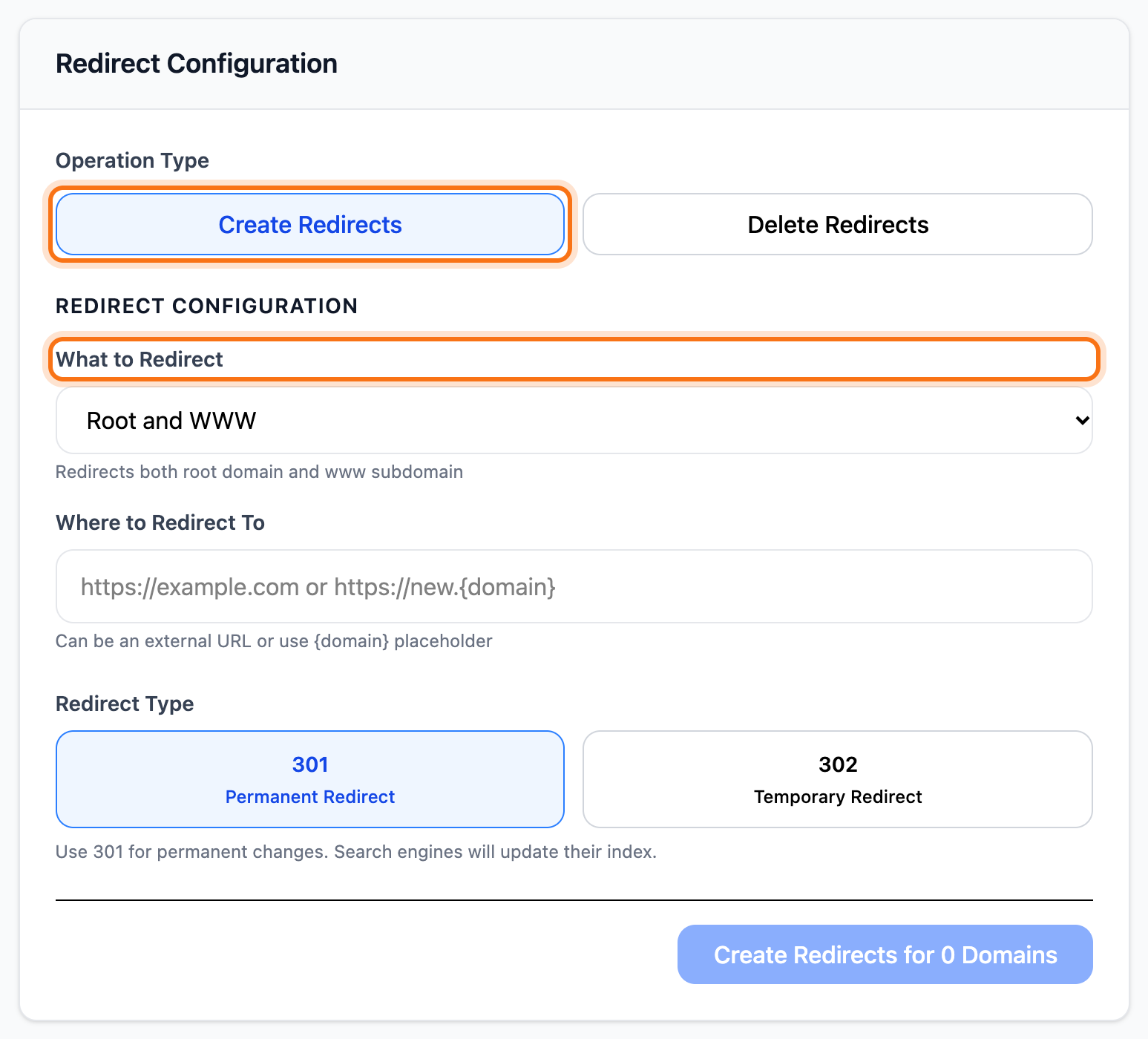 The redirect form with Create Redirects and What to Redirect framed