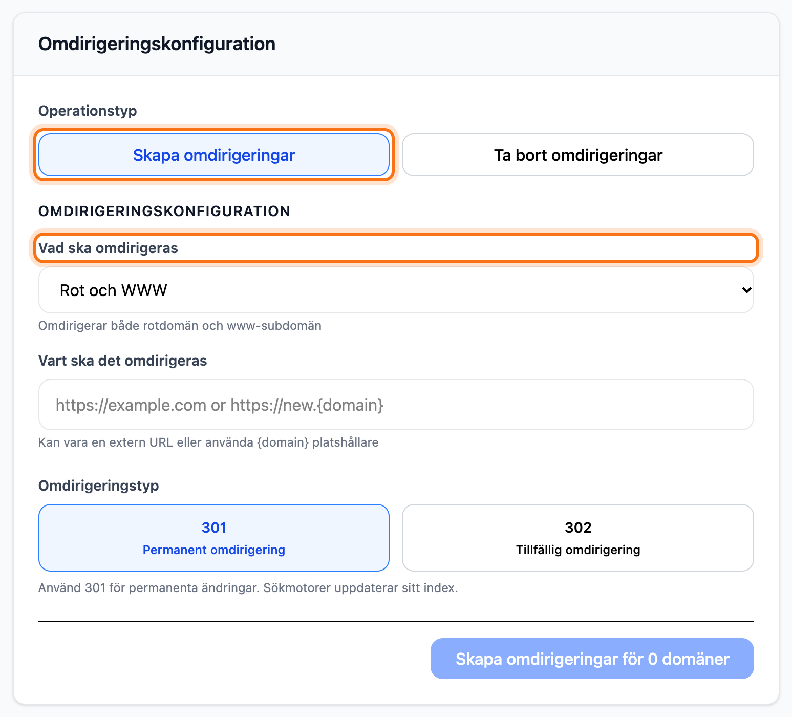 Formuläret för omdirigeringar med Skapa omdirigeringar och Vad ska omdirigeras markerade