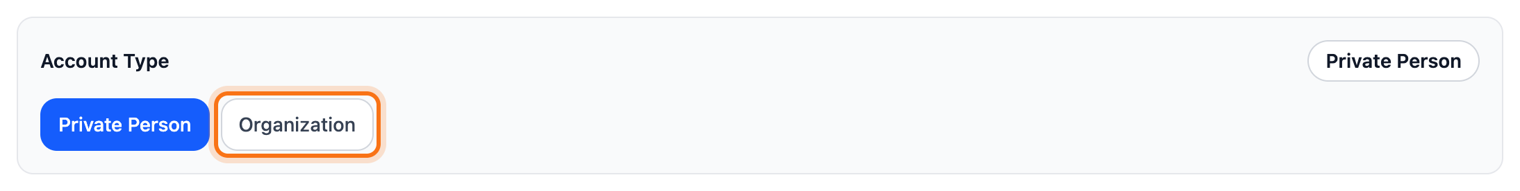 The account type choice with the Organization button framed