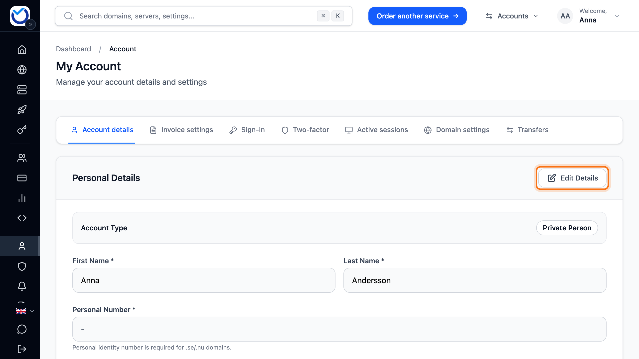 The Account details tab with the Edit Details button framed