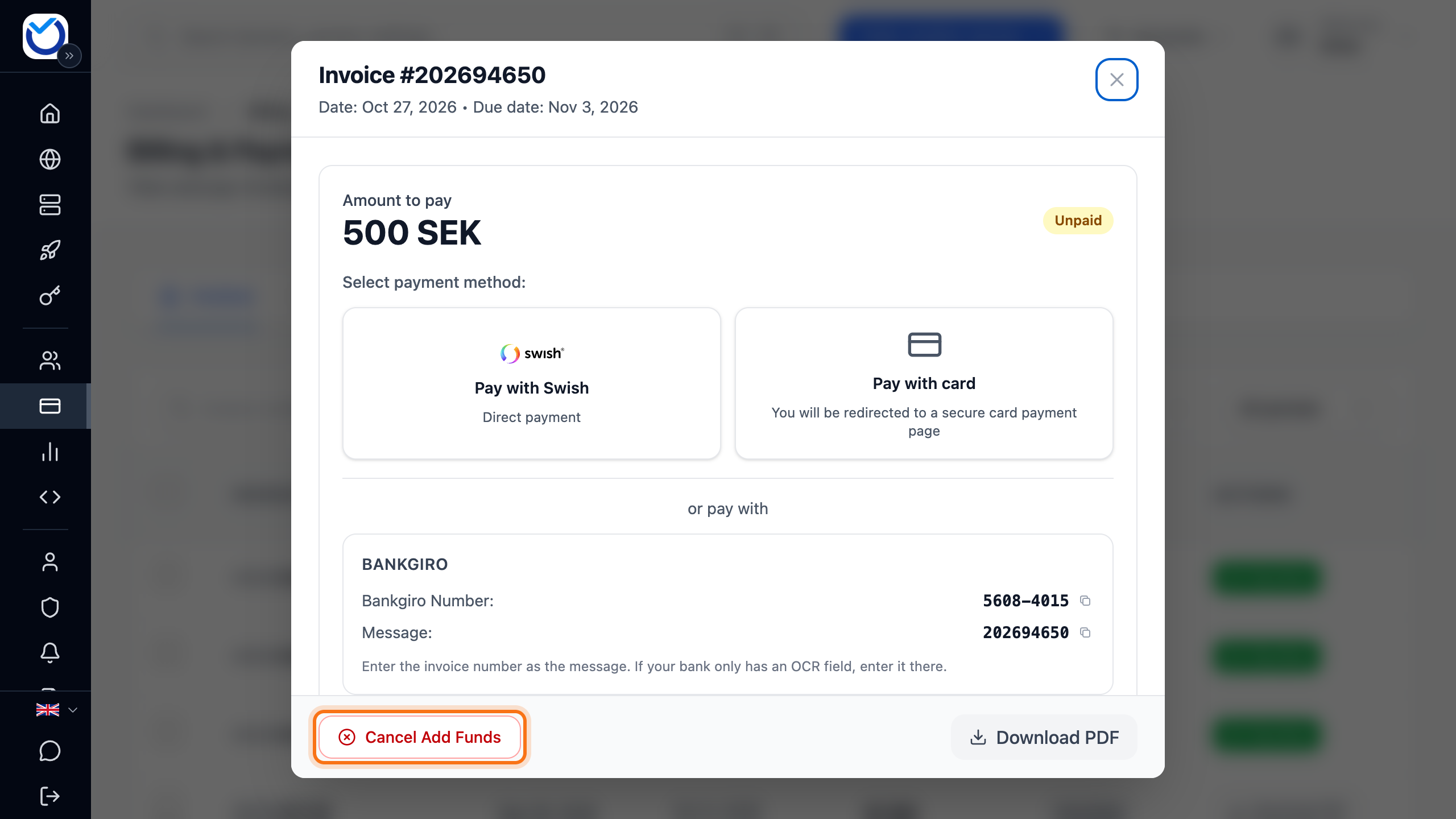 The invoice for a credit top-up with the Cancel Add Funds button framed