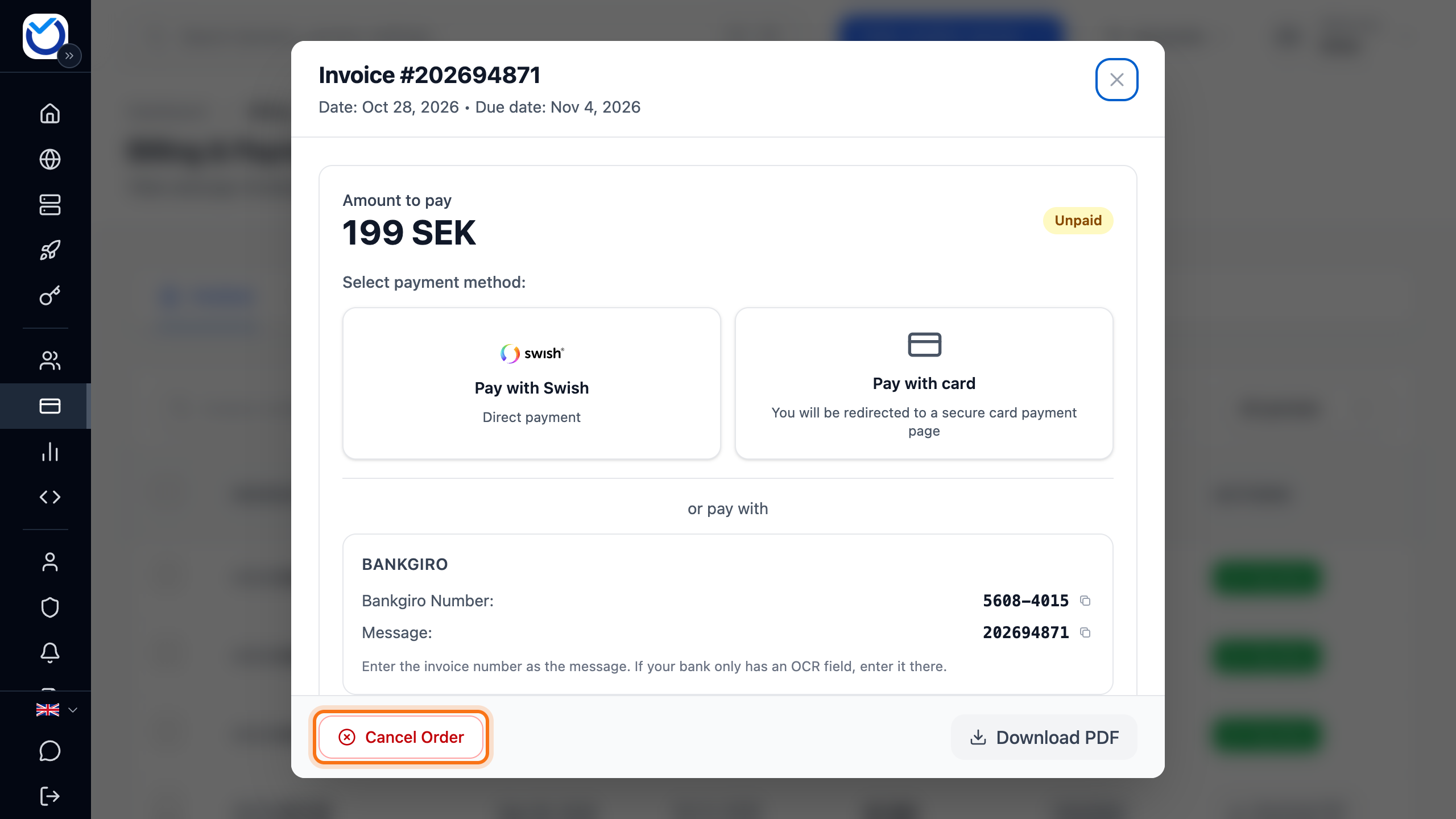 The invoice for an unpaid order with the Cancel Order button framed
