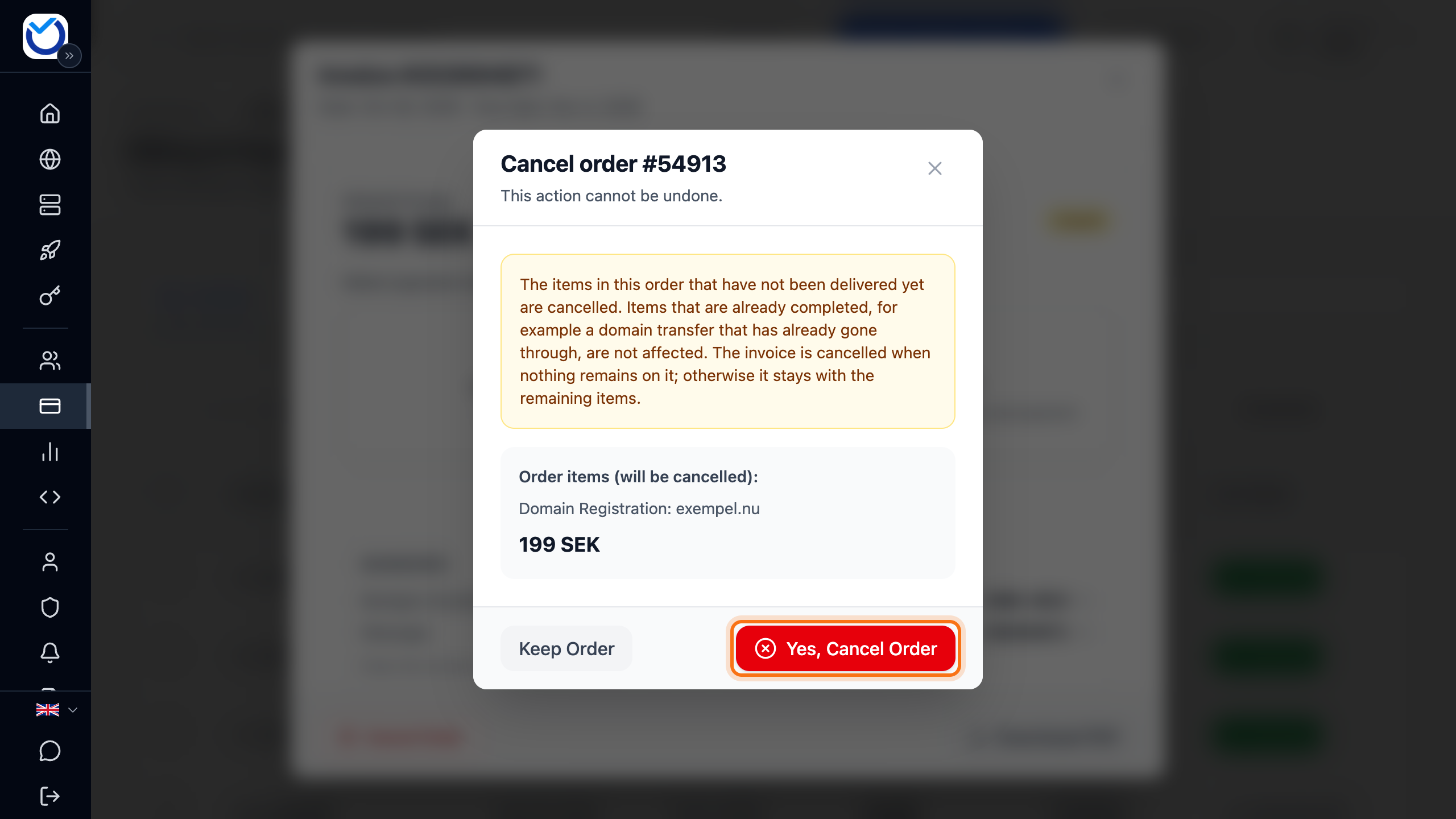 The Cancel order dialog with the Yes, Cancel Order button framed