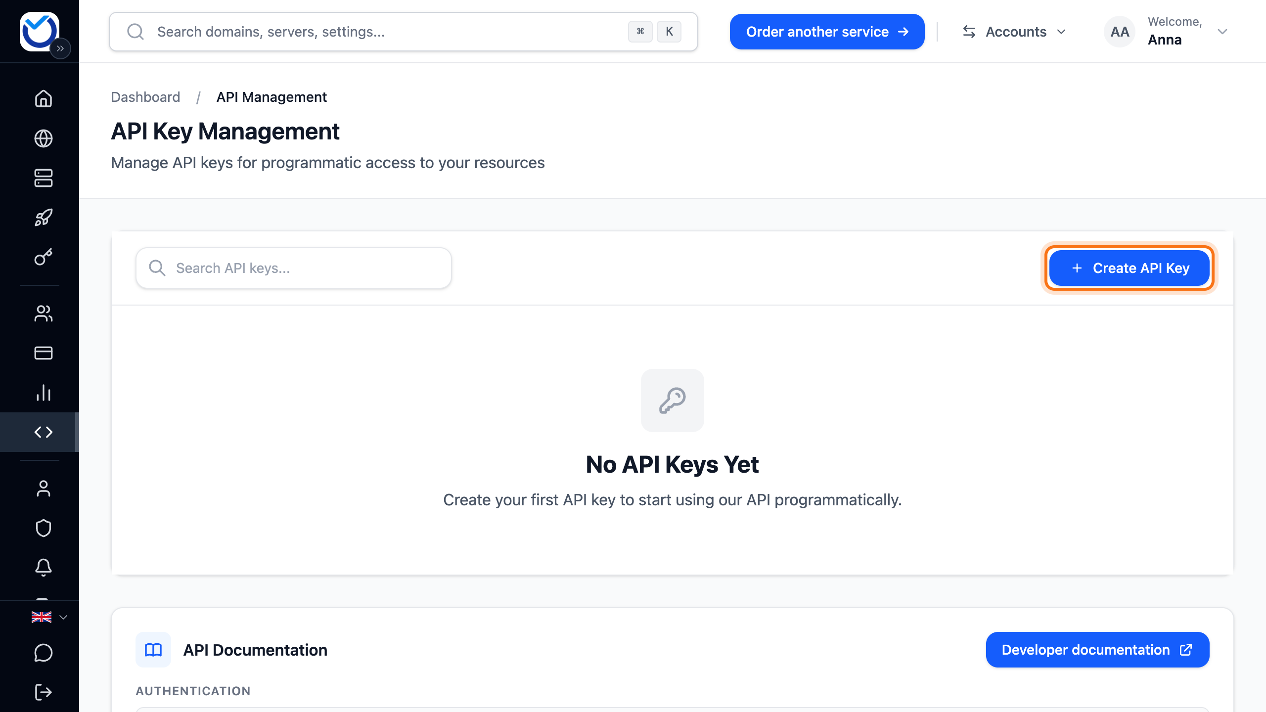 The API keys page with the Create API Key button framed