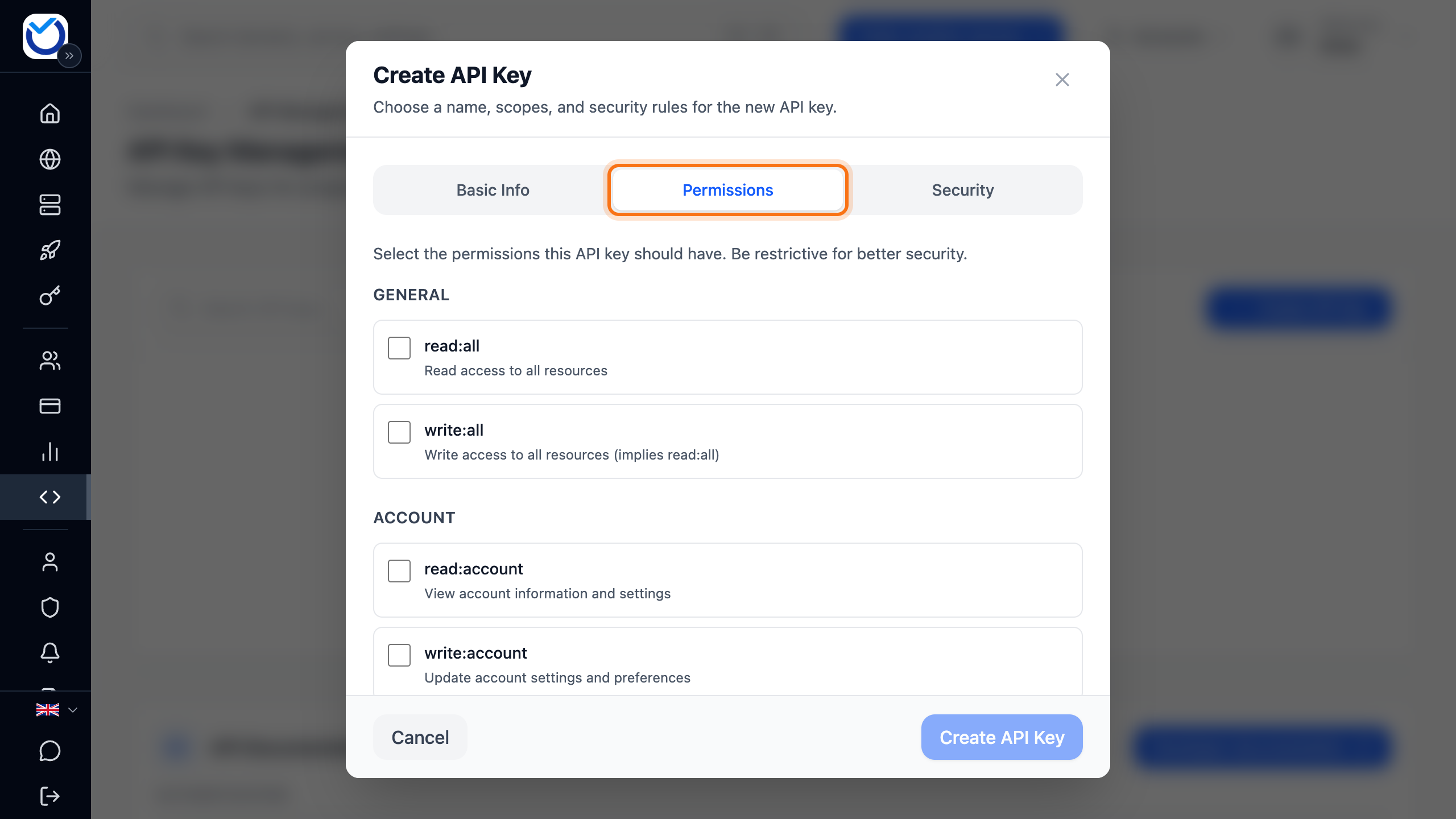 The Create API Key dialog with the Permissions tab framed