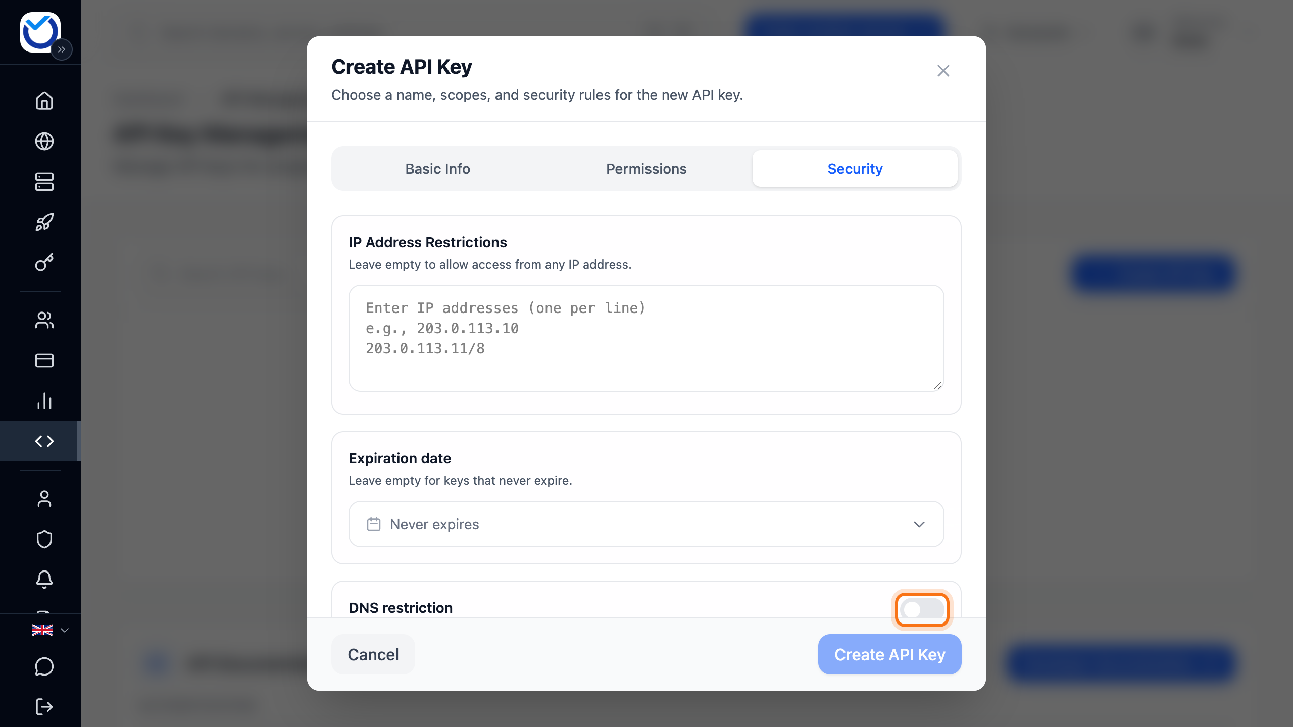 The Security tab in the Create API Key dialog with the DNS restriction switch framed