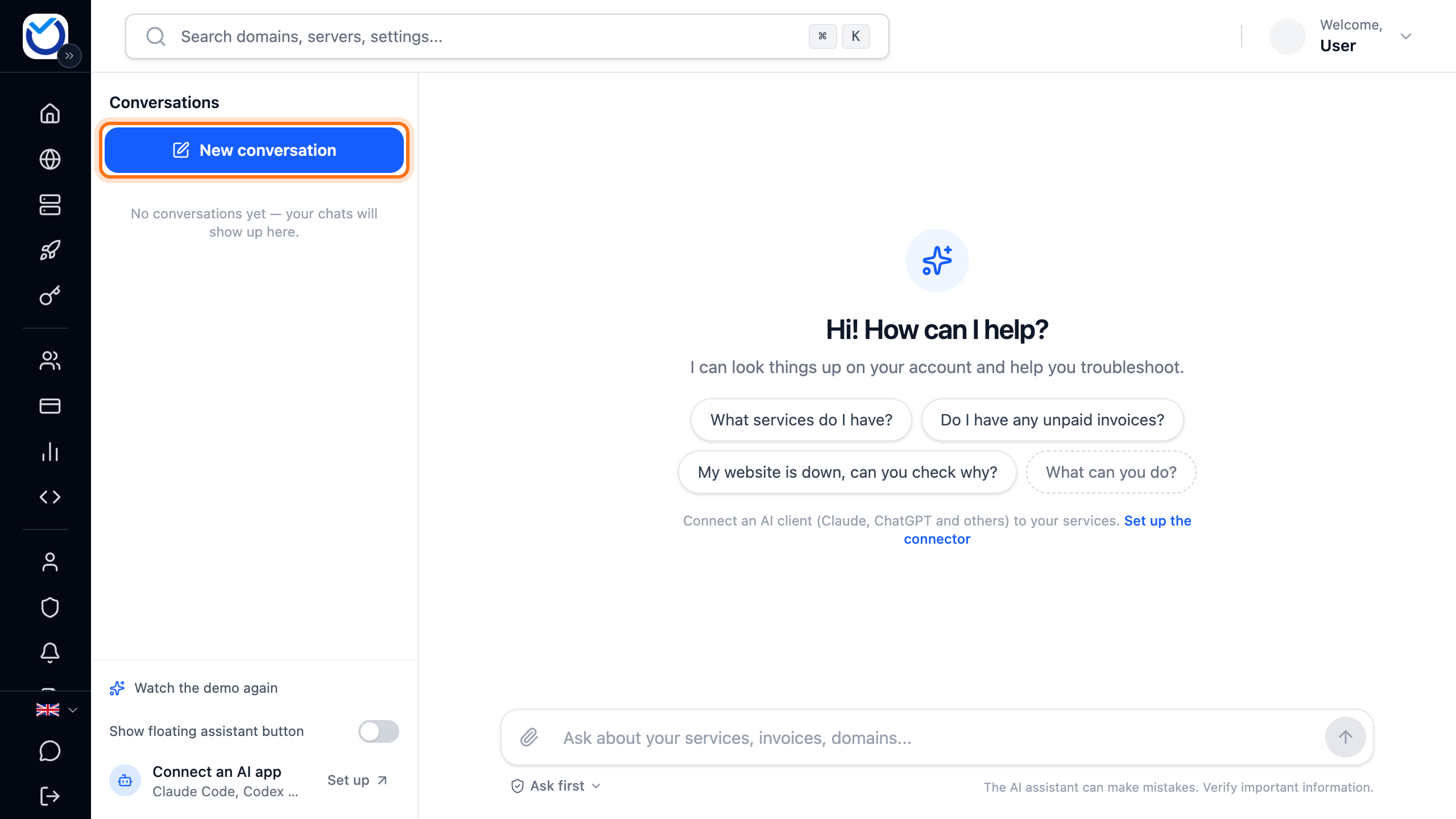 The assistant in the client area with suggestions such as What services do I have? and My website is down, can you check why?