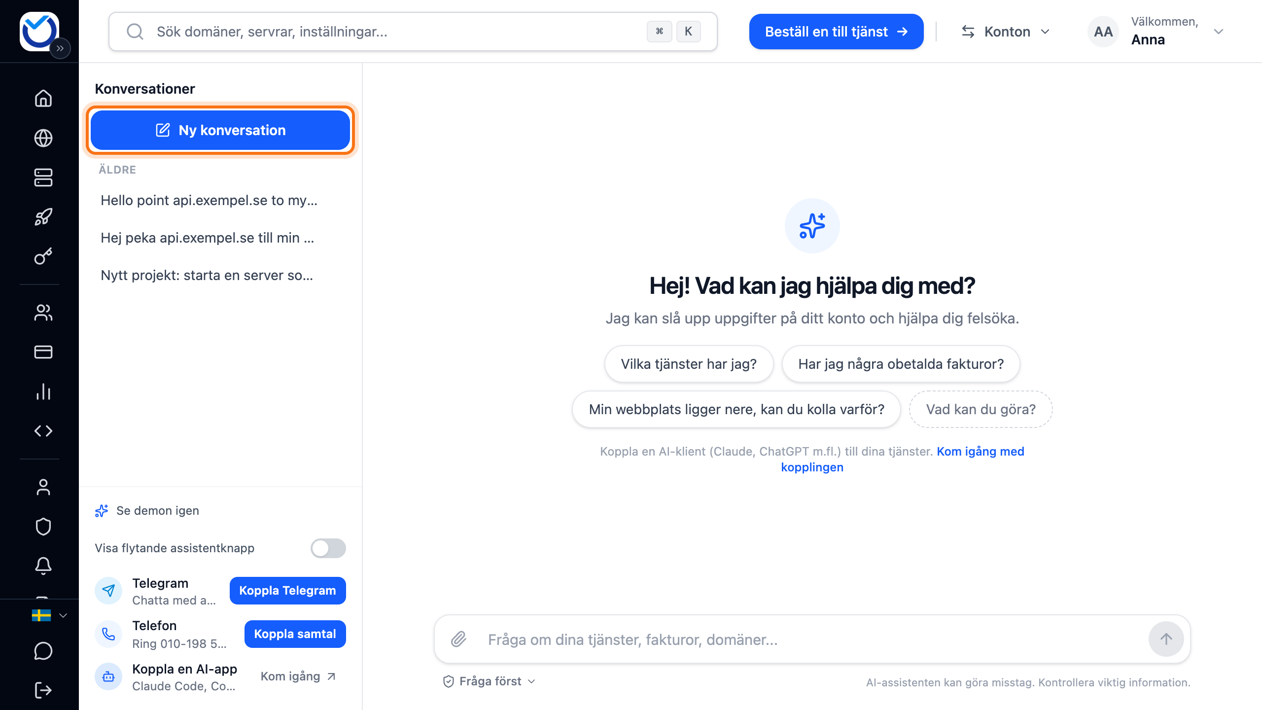 Sidan AI-assistent med listan över konversationer och knappen Ny konversation markerad