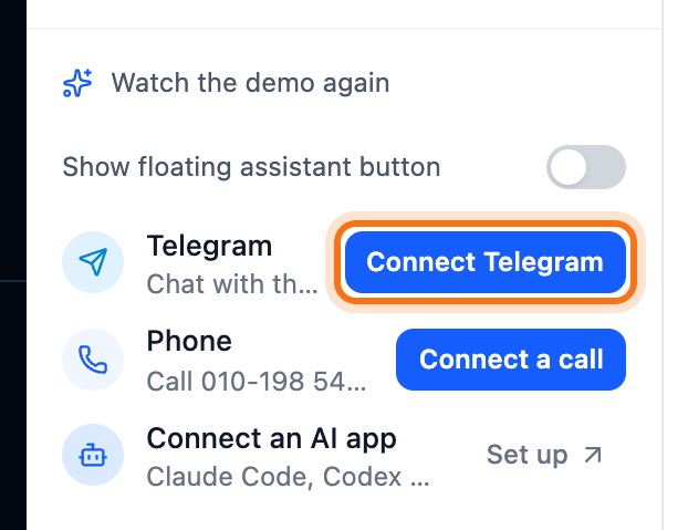 The settings below the conversations, with the Connect Telegram button framed