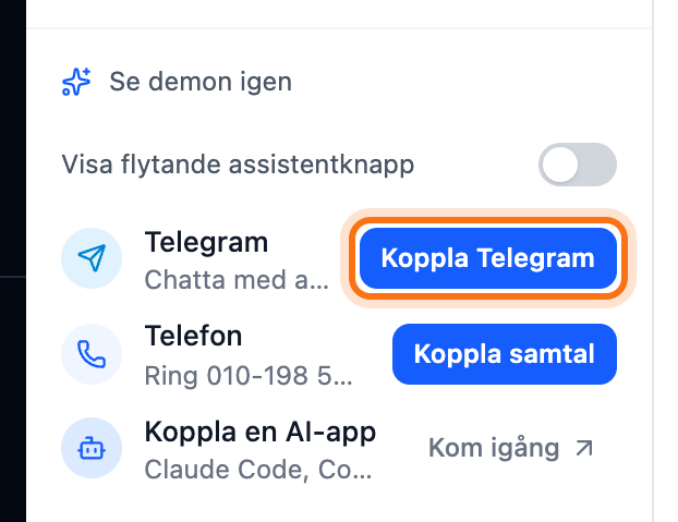 Inställningarna under konversationerna, med knappen Koppla Telegram markerad