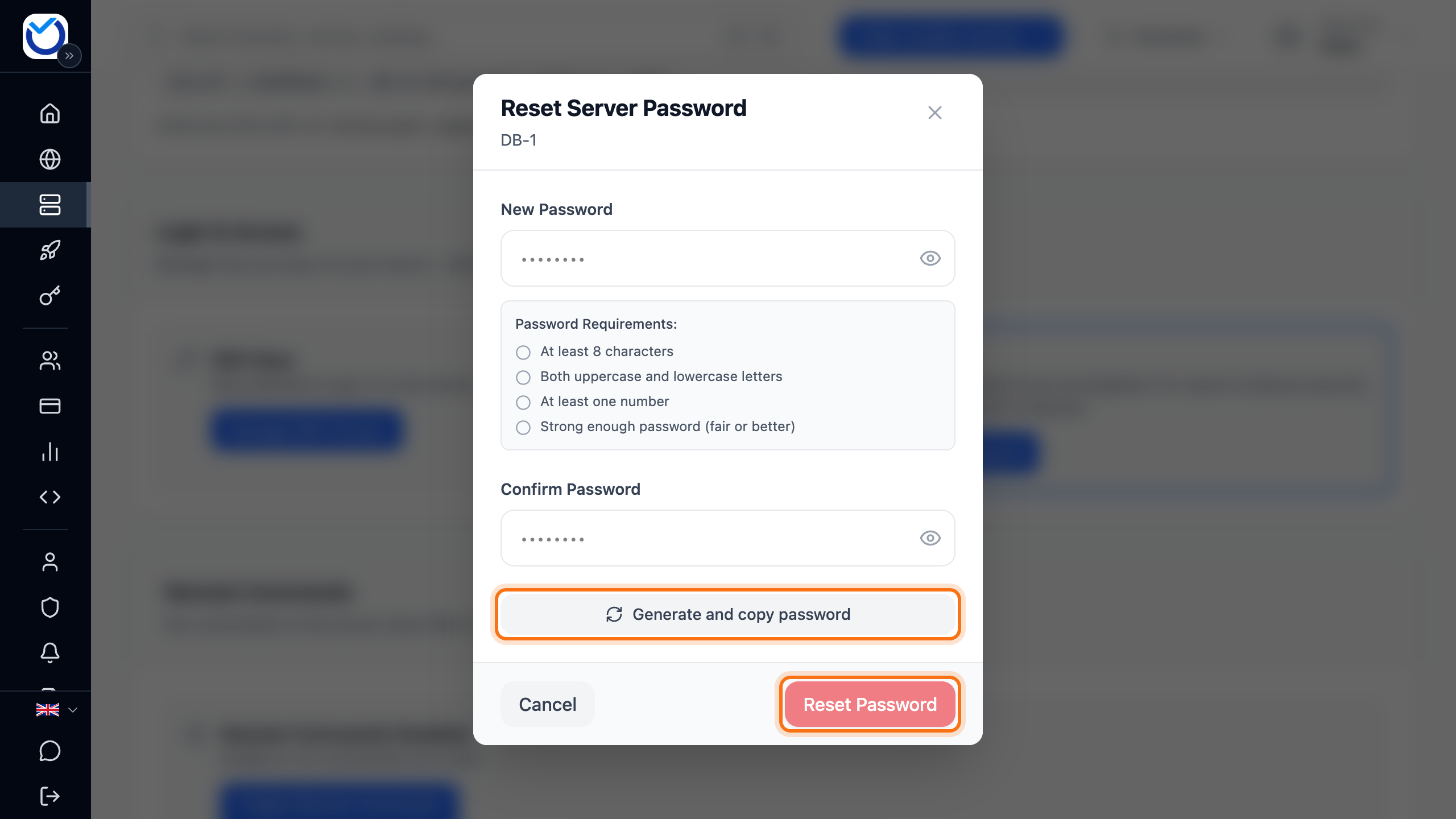 The Reset Server Password dialog with the Generate and copy password and Reset Password buttons framed