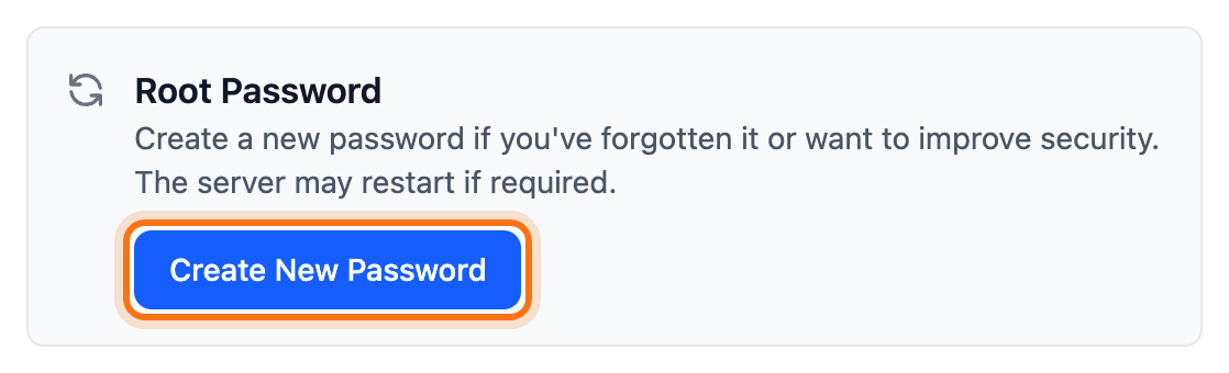 The Root Password box under Login & Access with the Create New Password button framed