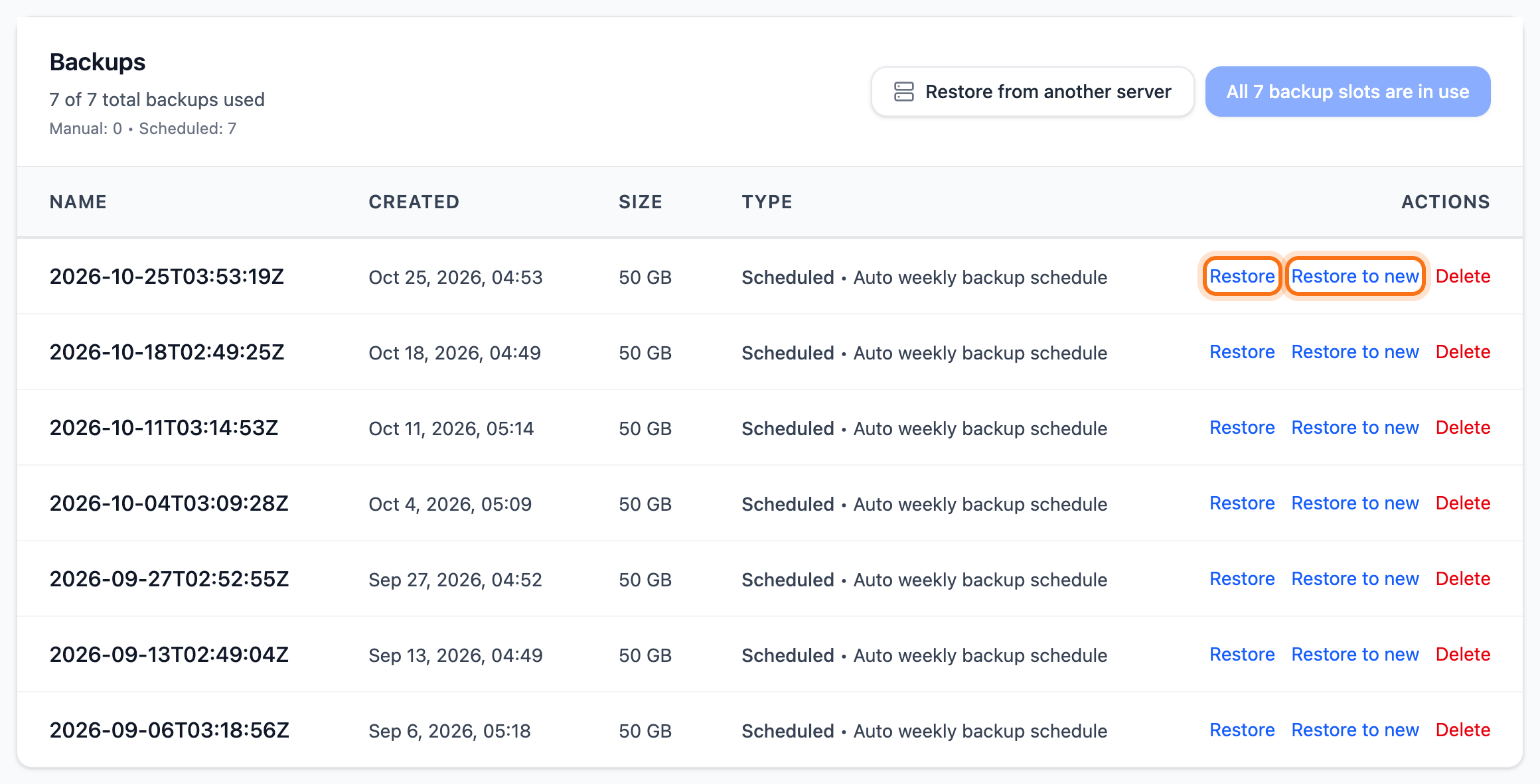 The list of backups with the Restore and Restore to new buttons framed