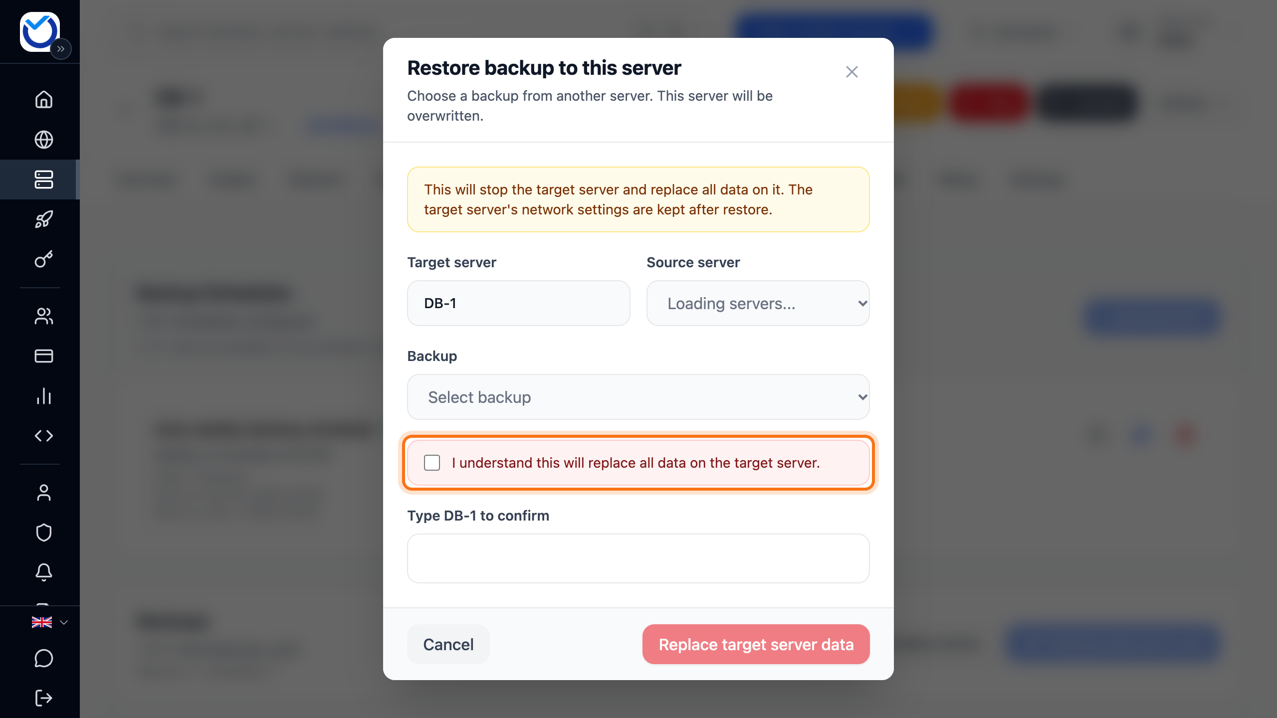 The Restore backup to this server dialog with the Source server and Backup choices and the confirmation tick box framed