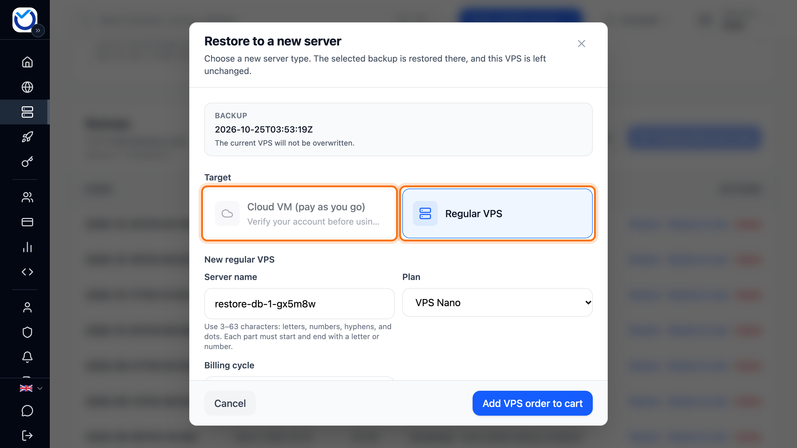 The Restore to a new server dialog with the two server types under Target framed