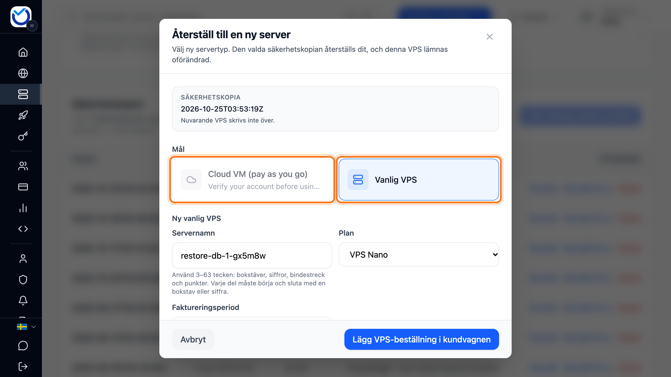 Rutan Återställ till en ny server med de två servertyperna under Mål markerade