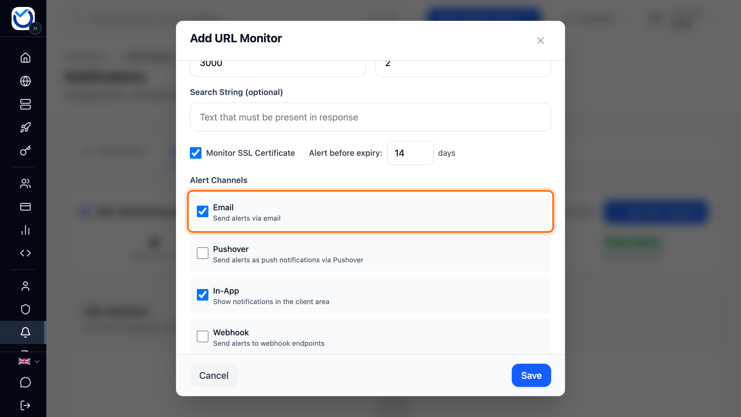The Add URL Monitor dialog with the Email choice under Alert Channels framed