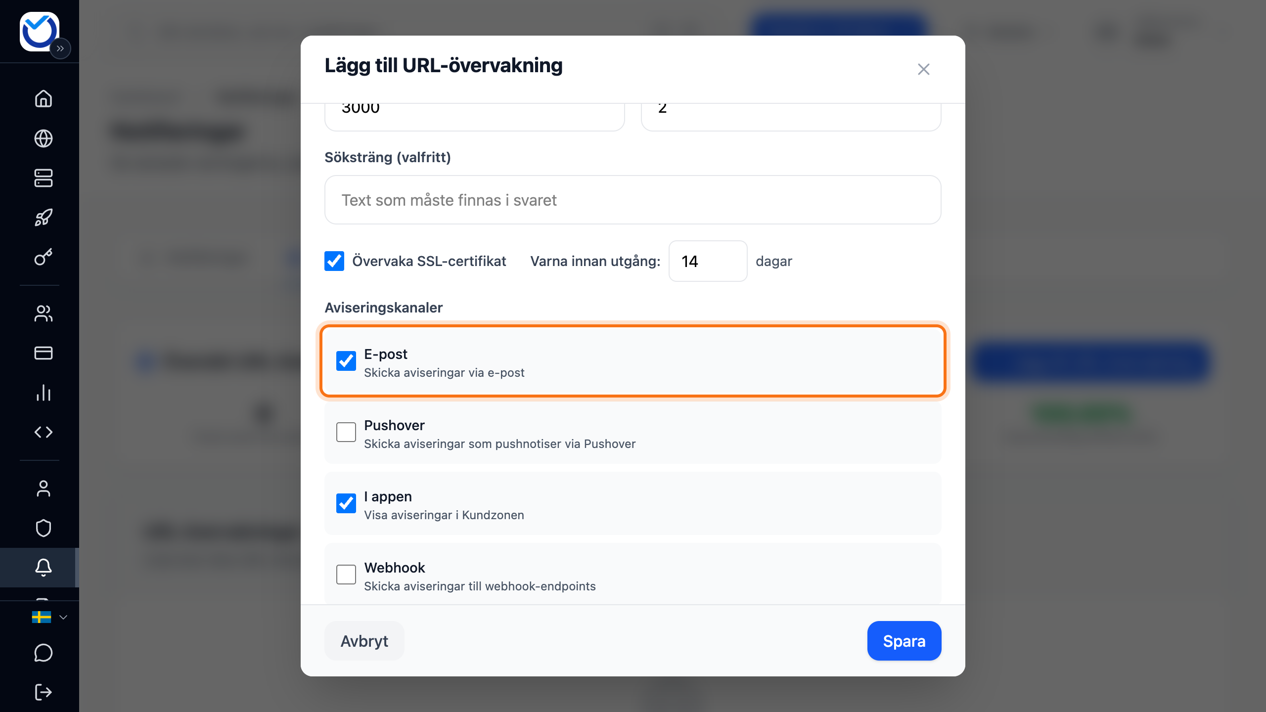 Rutan Lägg till URL-övervakning med valet E-post under Aviseringskanaler markerat