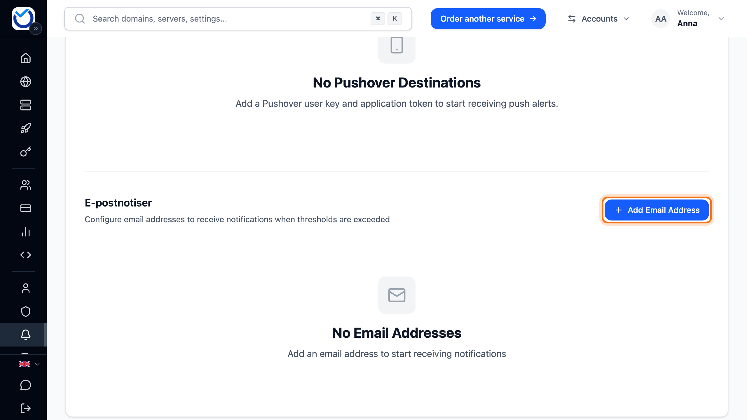The Delivery Channels tab with the Add Email Address button framed