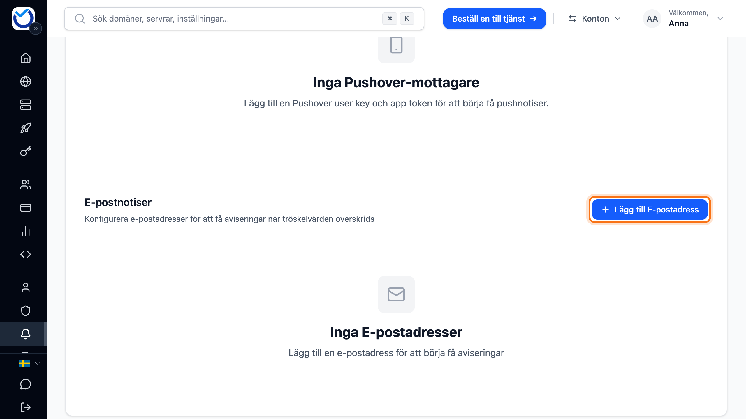 Fliken Leveranskanaler med knappen Lägg till E-postadress markerad