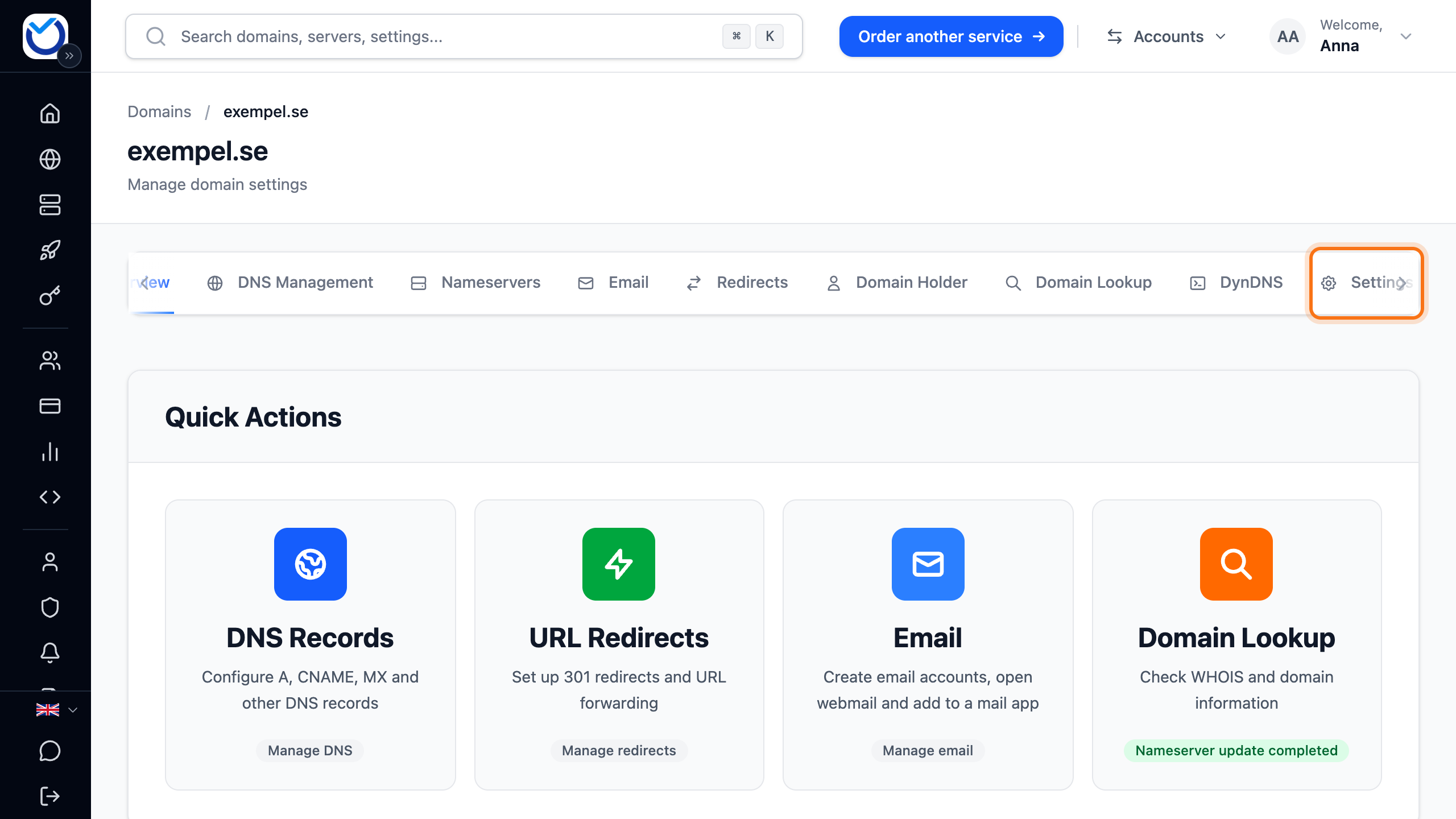 The domain page with the Settings tab framed