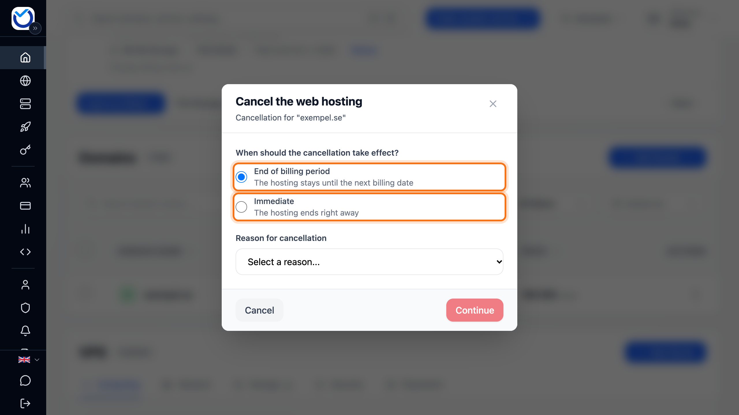 The Cancel the web hosting dialog with the End of billing period and Immediate choices framed