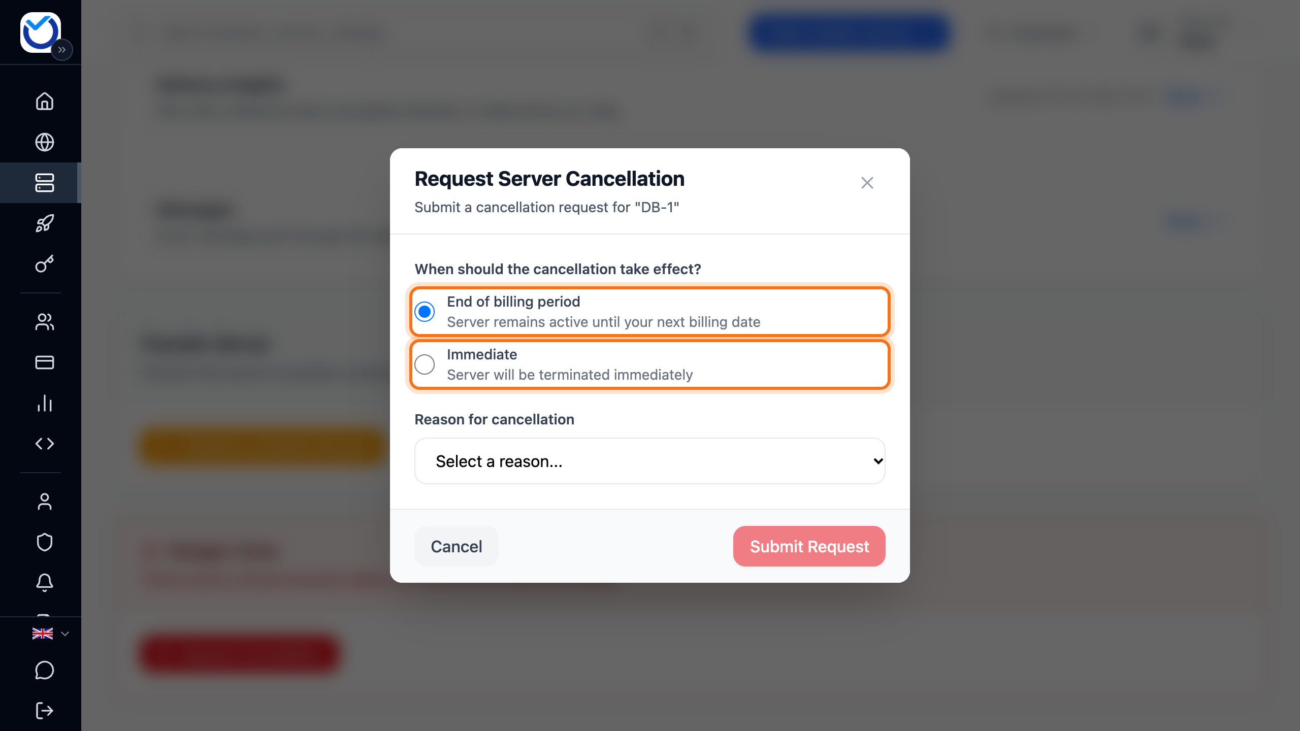 The Request Server Cancellation dialog with the End of billing period and Immediate choices framed