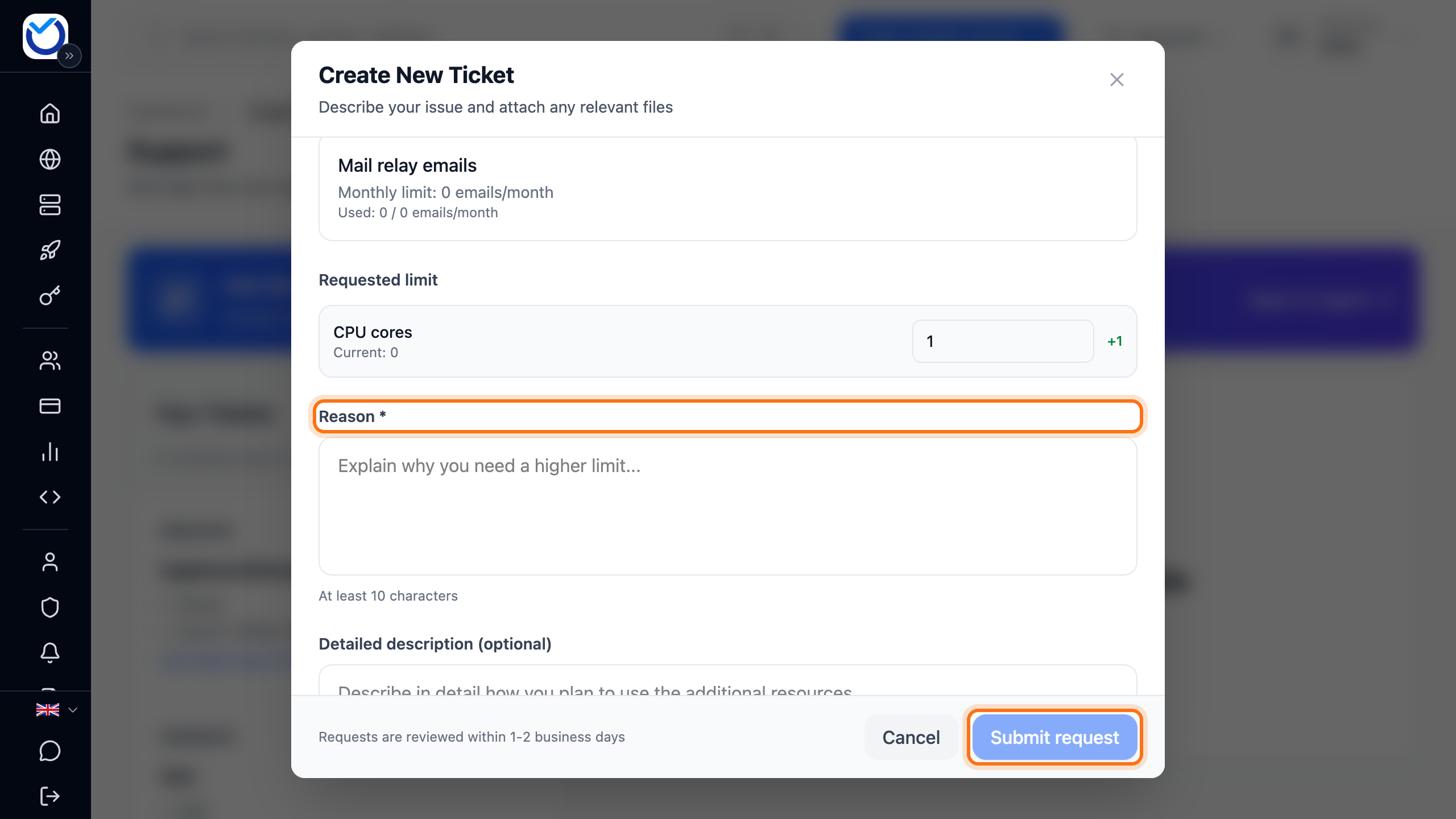 The form with the Reason field and the Submit request button framed