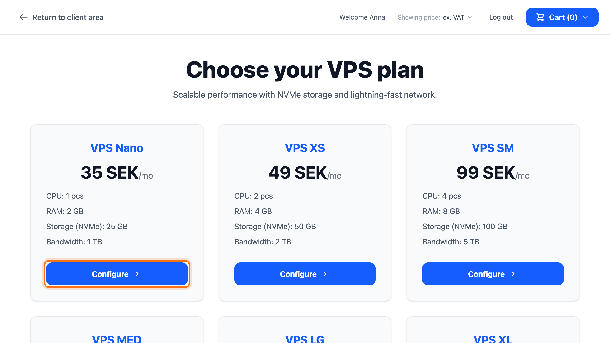 The Choose your VPS plan page with the Configure button framed