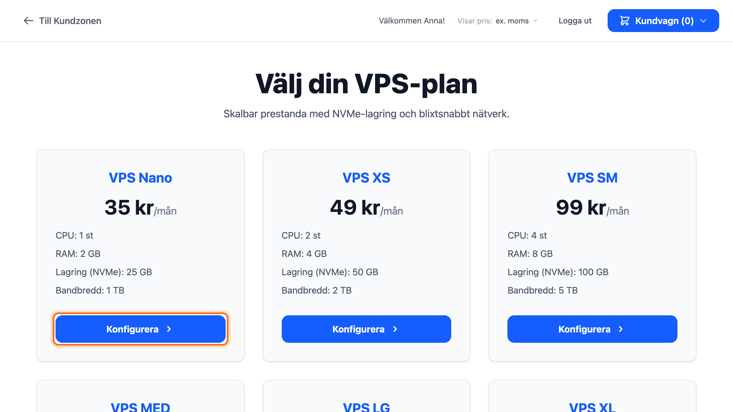 Sidan Välj din VPS-plan med knappen Konfigurera markerad