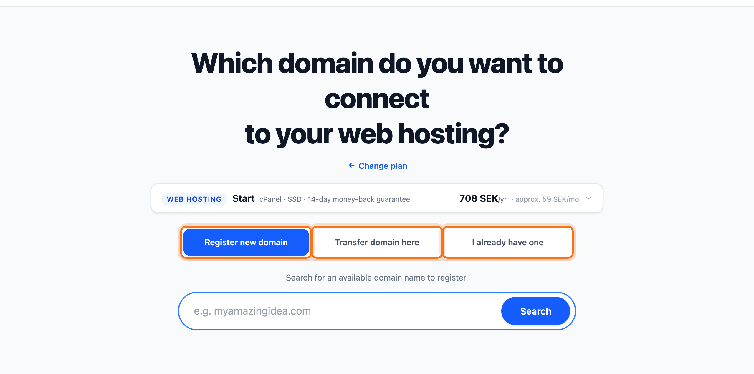 The three domain choices, with the Register new domain, Transfer domain here and I already have one tabs framed