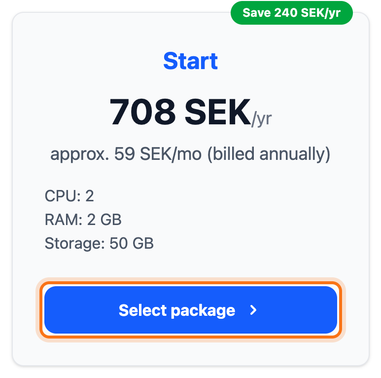 The page with the hosting packages, with the Select package button framed