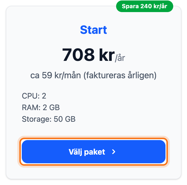 Sidan med webbhotellspaketen där knappen Välj paket är markerad