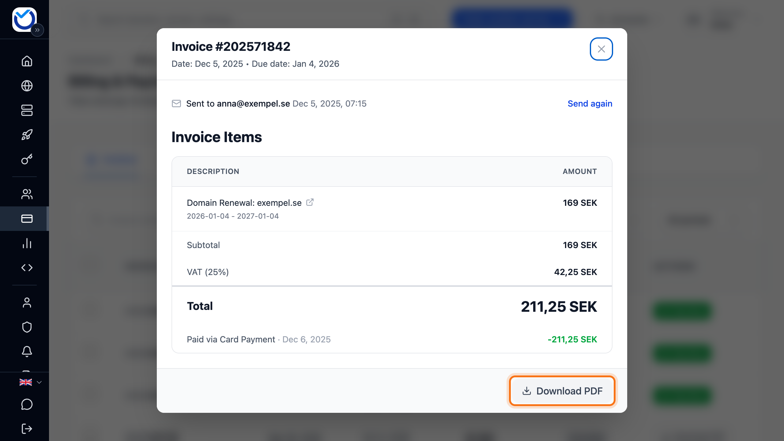An invoice with the Download PDF button framed